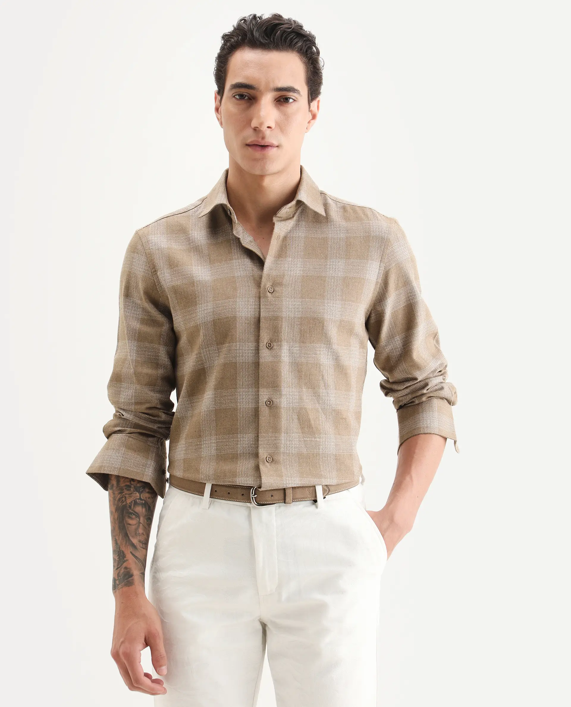 Rare Rabbit Men's Sovie Dark Brown Cotton Blend Fabric Spread Collar Regular Fit Checked Shirt