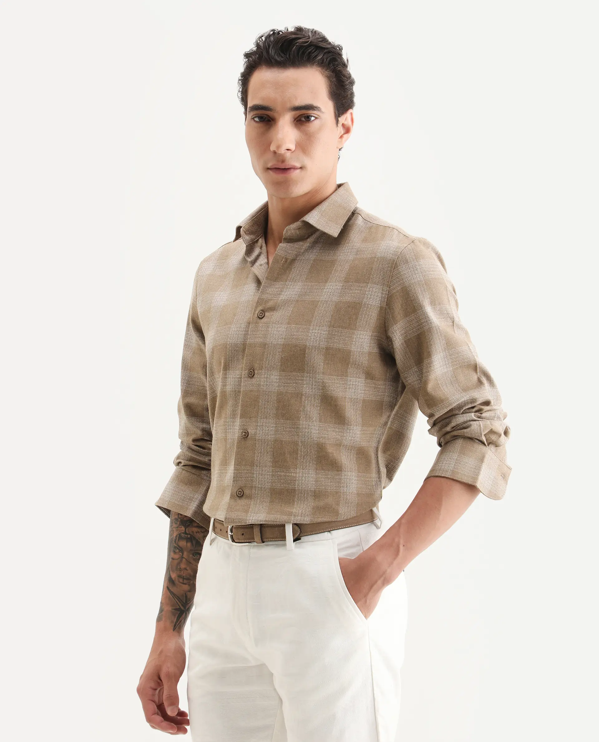 Rare Rabbit Men's Sovie Dark Brown Cotton Blend Fabric Spread Collar Regular Fit Checked Shirt - Image 4