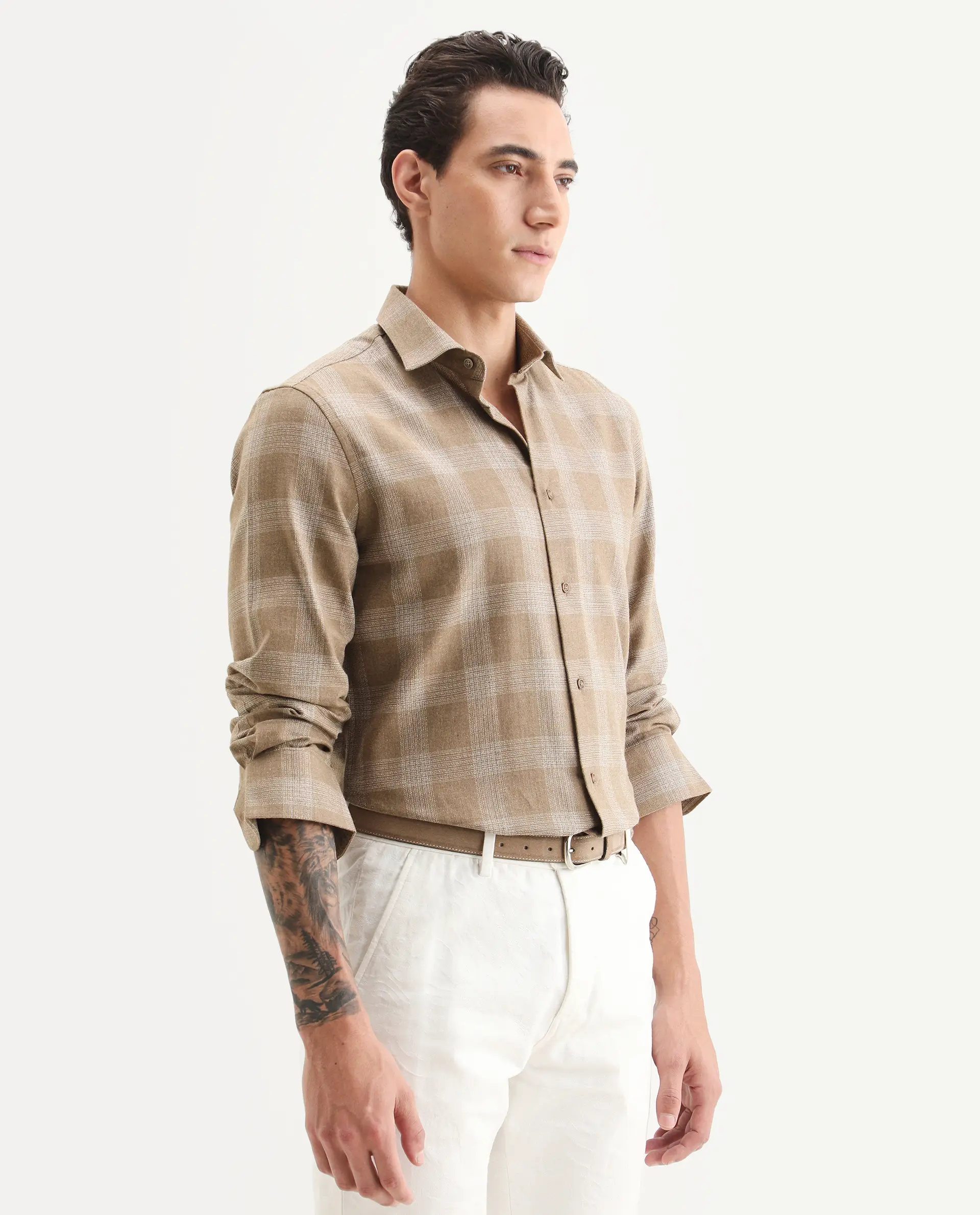 Rare Rabbit Men's Sovie Dark Brown Cotton Blend Fabric Spread Collar Regular Fit Checked Shirt - Image 5