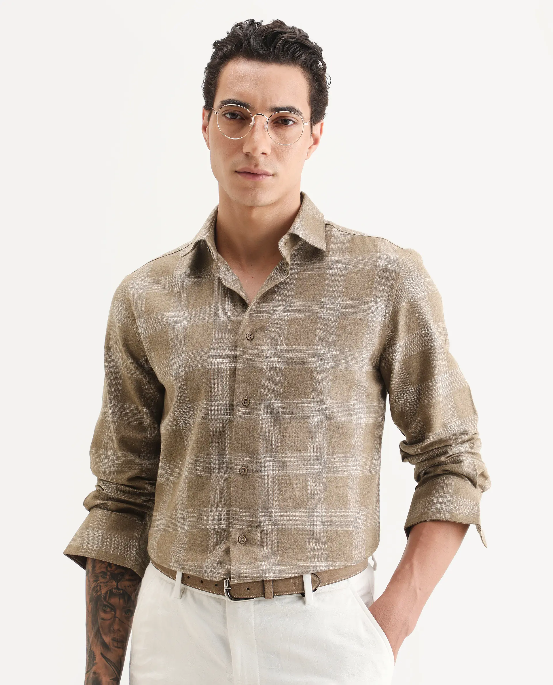 Rare Rabbit Men's Sovie Dark Brown Cotton Blend Fabric Spread Collar Regular Fit Checked Shirt - Image 6