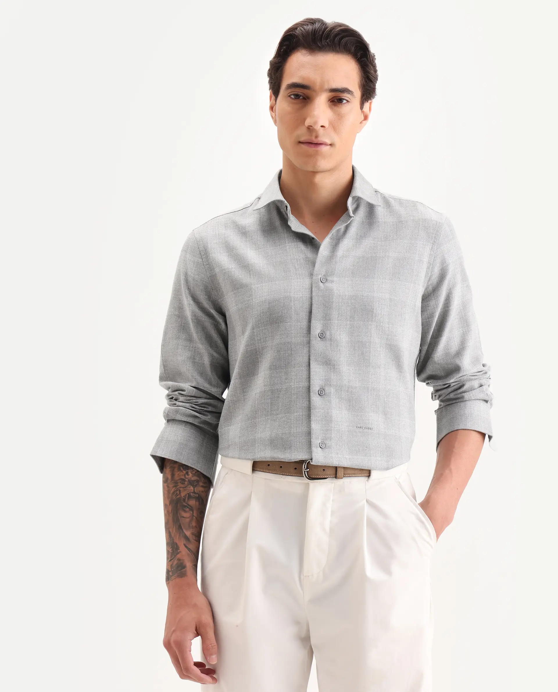 Rare Rabbit Men's Sovie Dark Grey Cotton Blend Fabric Spread Collar Regular Fit Checked Shirt
