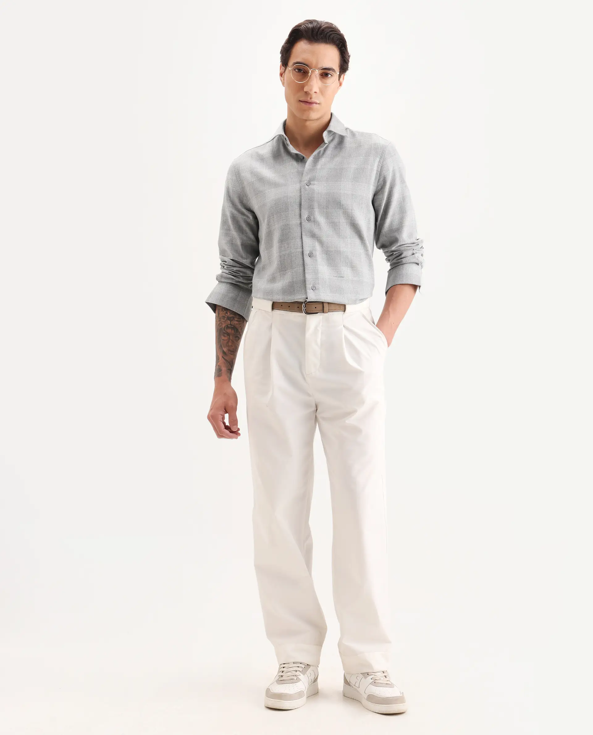 Rare Rabbit Men's Sovie Dark Grey Cotton Blend Fabric Spread Collar Regular Fit Checked Shirt - Image 2