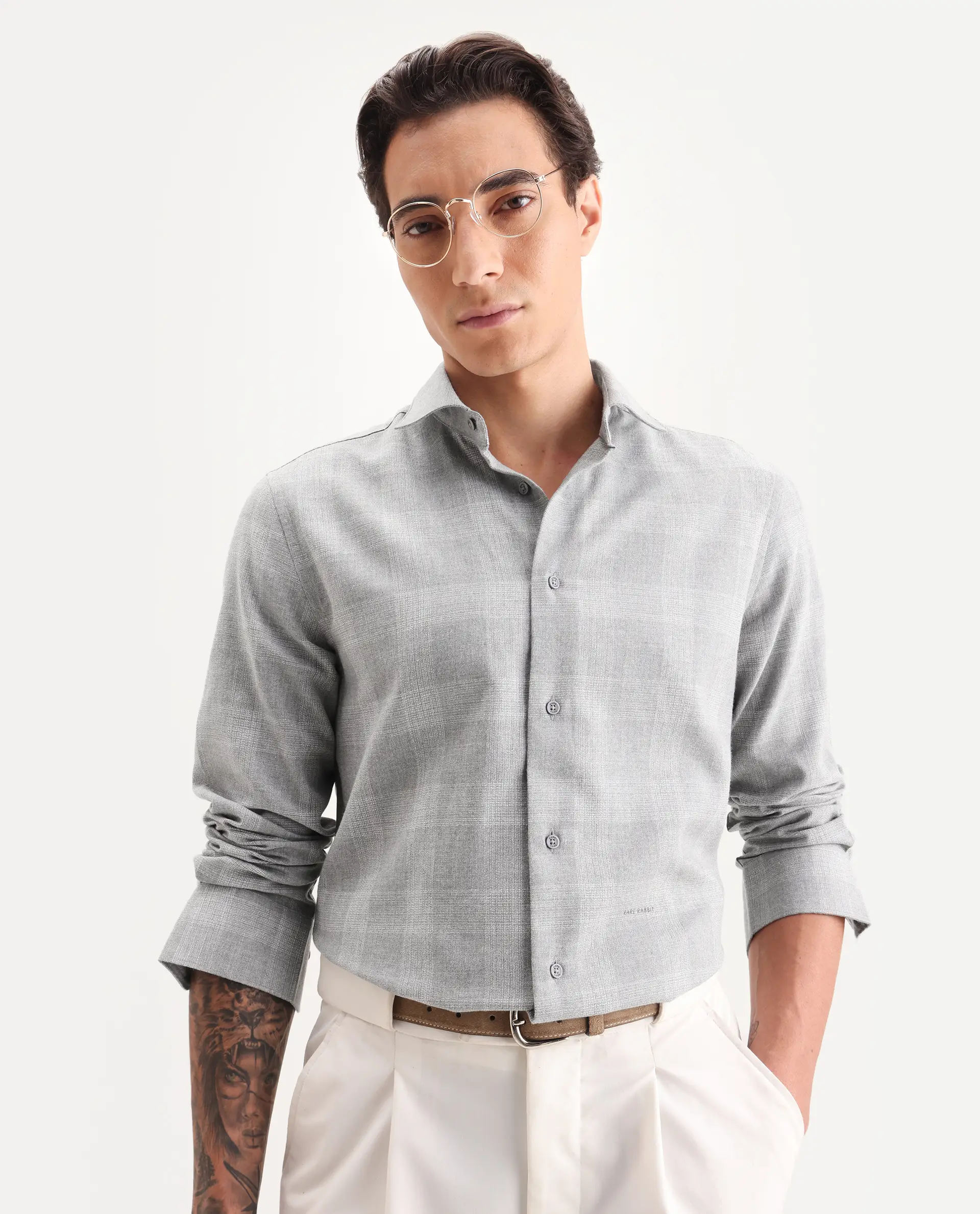 Rare Rabbit Men's Sovie Dark Grey Cotton Blend Fabric Spread Collar Regular Fit Checked Shirt - Image 4