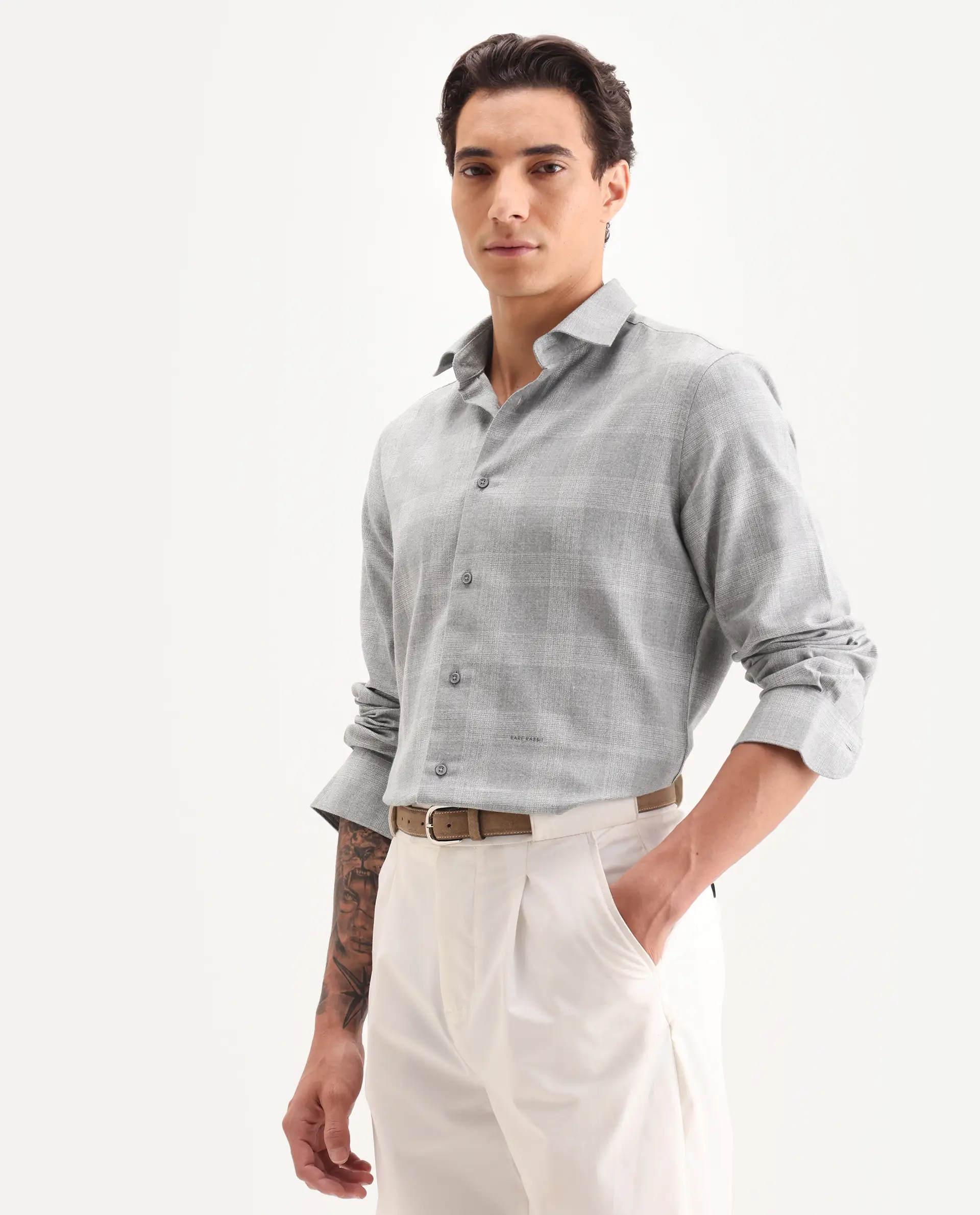 Rare Rabbit Men's Sovie Dark Grey Cotton Blend Fabric Spread Collar Regular Fit Checked Shirt - Image 5