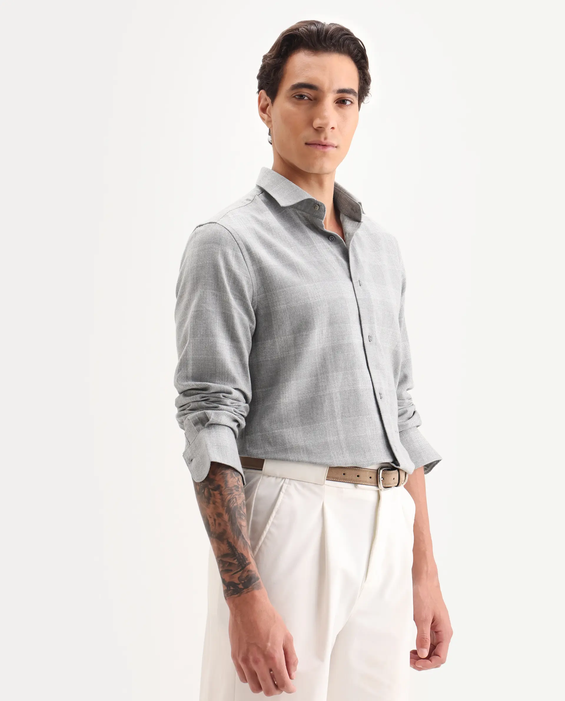 Rare Rabbit Men's Sovie Dark Grey Cotton Blend Fabric Spread Collar Regular Fit Checked Shirt - Image 6