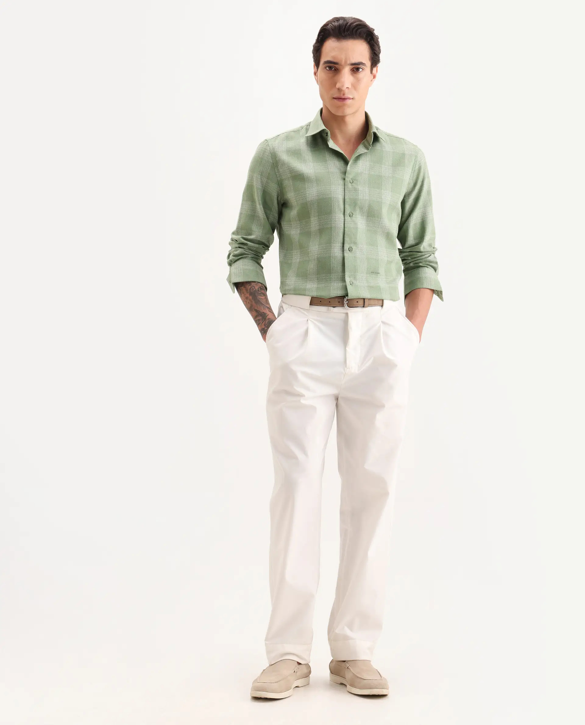 Rare Rabbit Men's Sovie Olive Cotton Blend Fabric Spread Collar Regular Fit Checked Shirt - Image 2