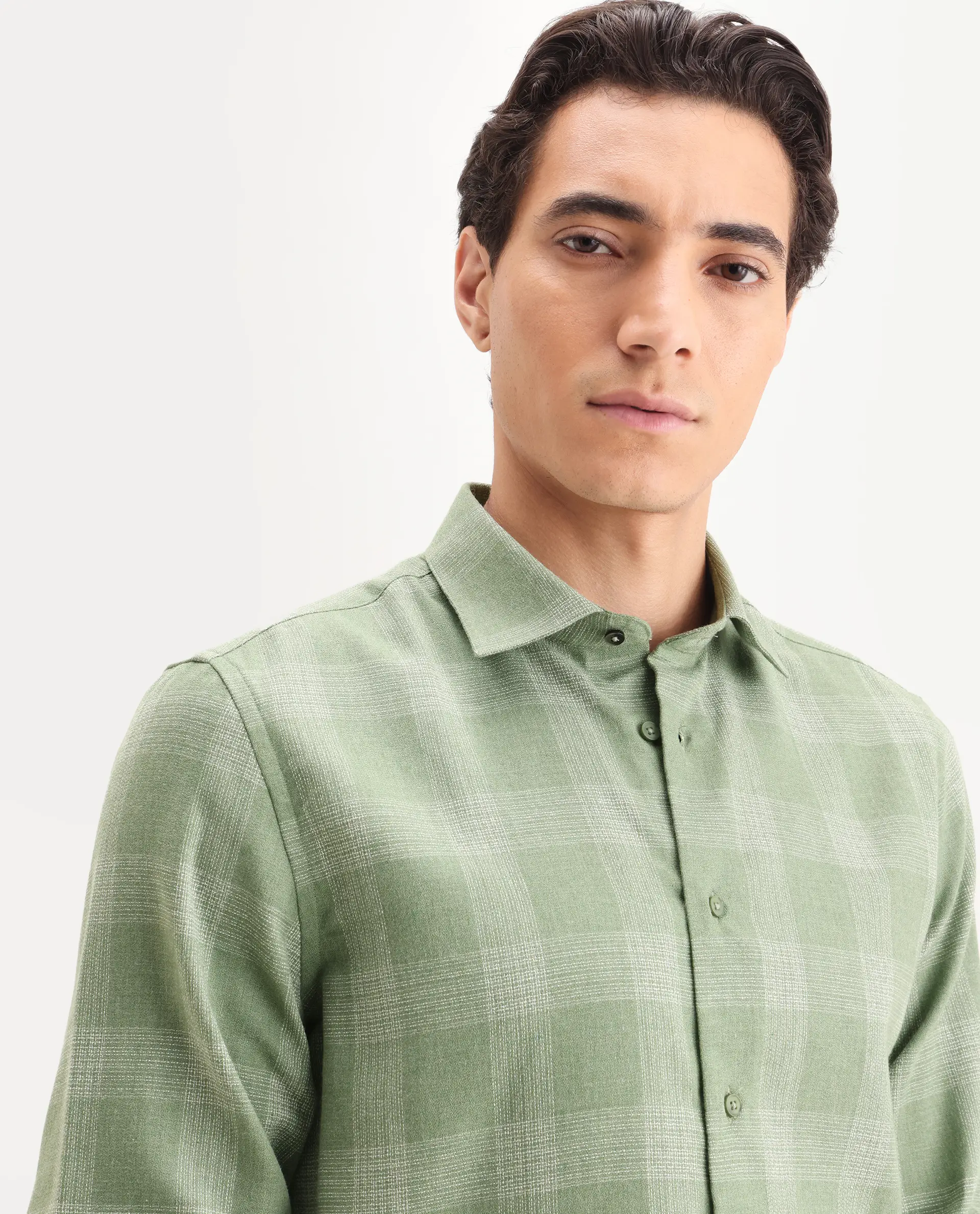 Rare Rabbit Men's Sovie Olive Cotton Blend Fabric Spread Collar Regular Fit Checked Shirt - Image 3