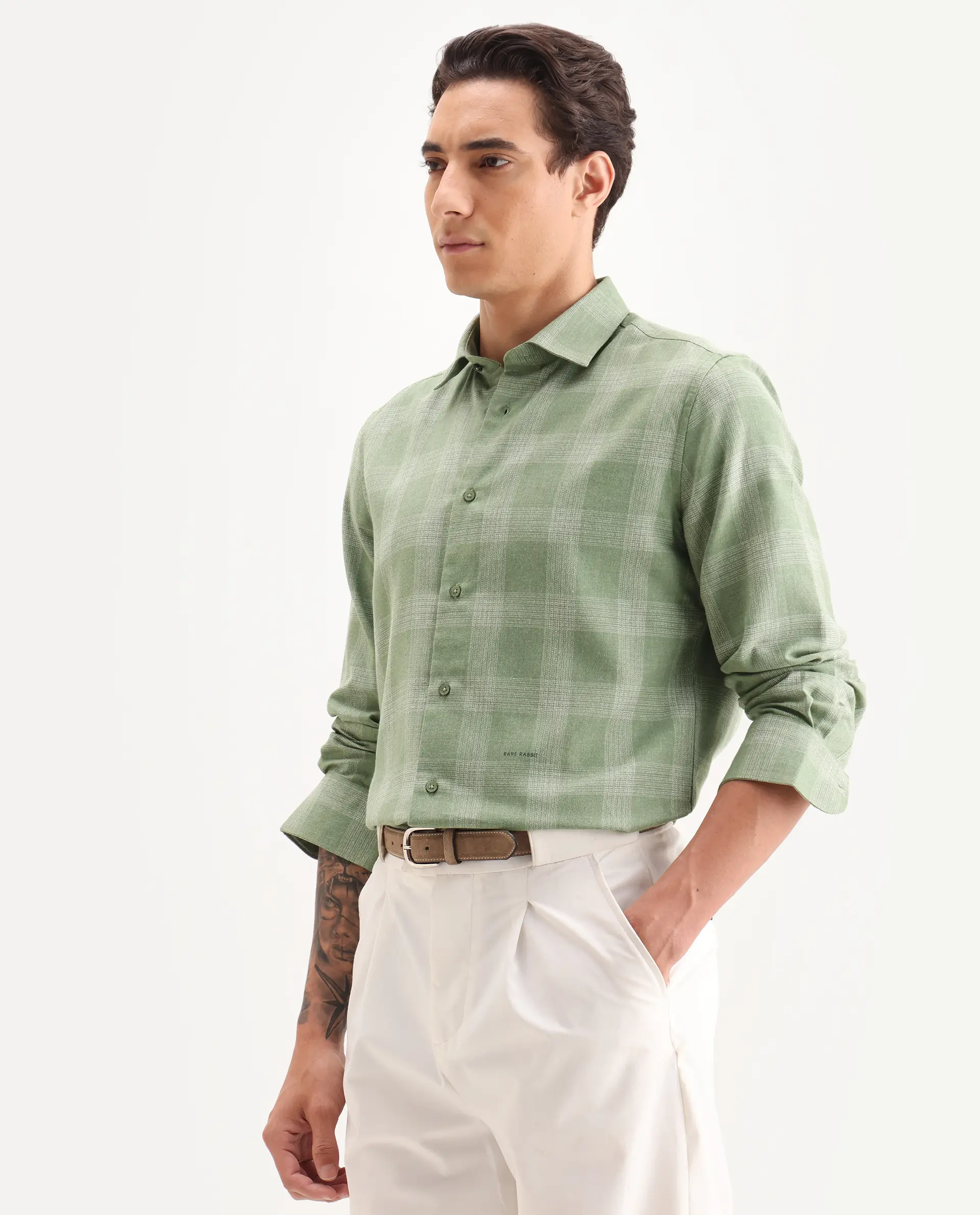 Rare Rabbit Men's Sovie Olive Cotton Blend Fabric Spread Collar Regular Fit Checked Shirt - Image 4