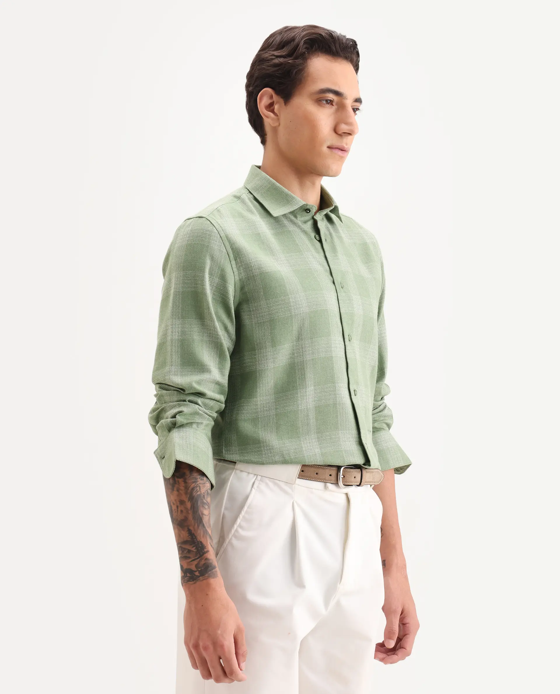 Rare Rabbit Men's Sovie Olive Cotton Blend Fabric Spread Collar Regular Fit Checked Shirt - Image 5