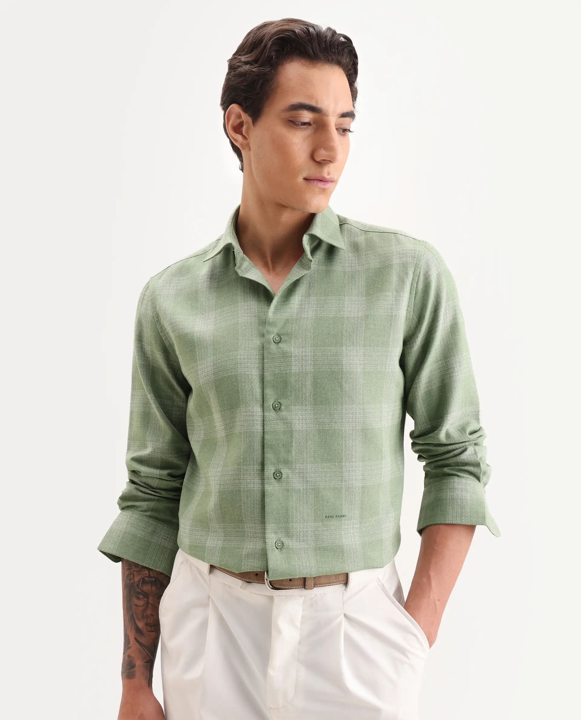 Rare Rabbit Men's Sovie Olive Cotton Blend Fabric Spread Collar Regular Fit Checked Shirt - Image 6