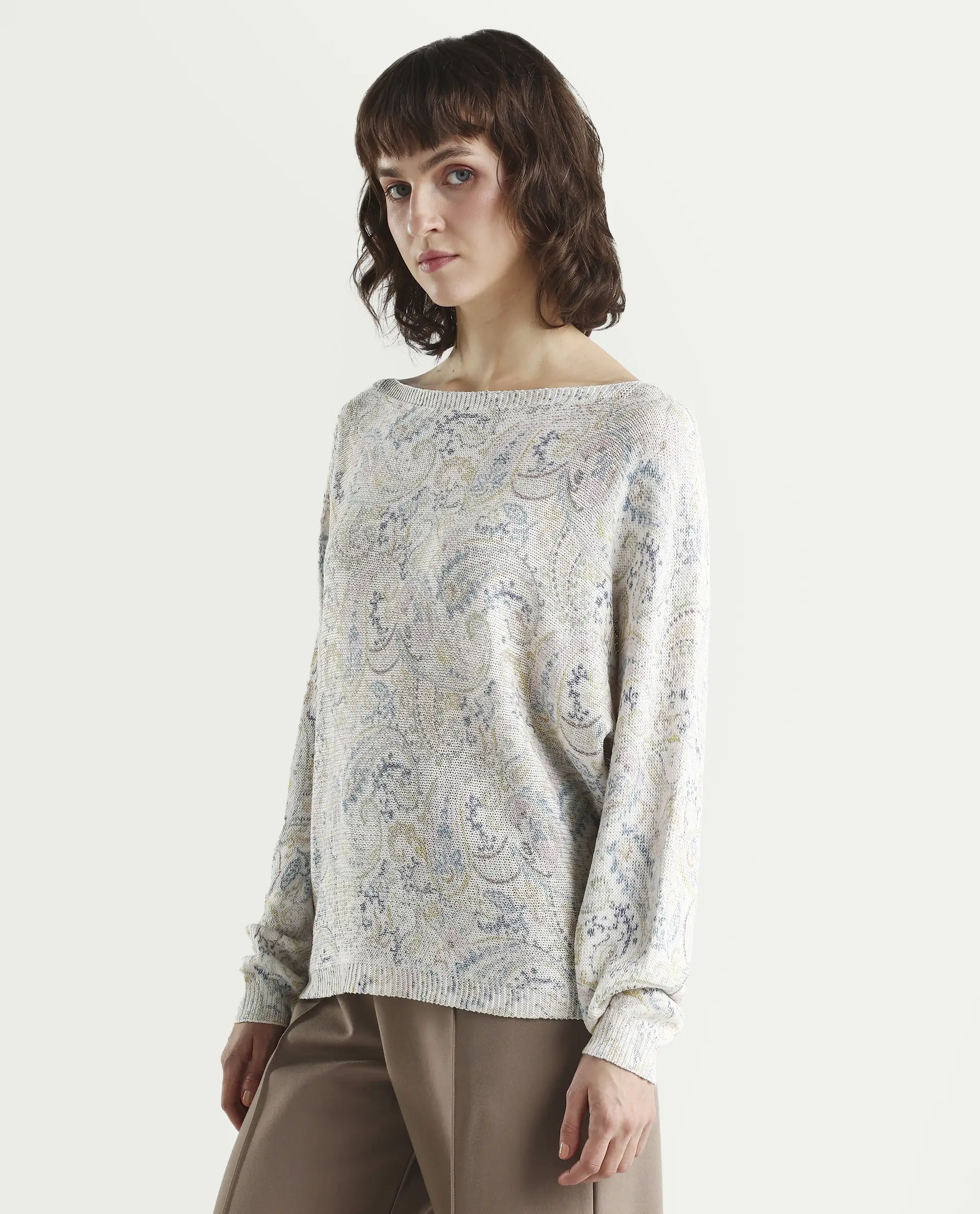 Rareism Women's Sovo Light Multi Viscose Blend Full Sleeve Boat Neck Relaxed Fit Paisley Top - Image 5