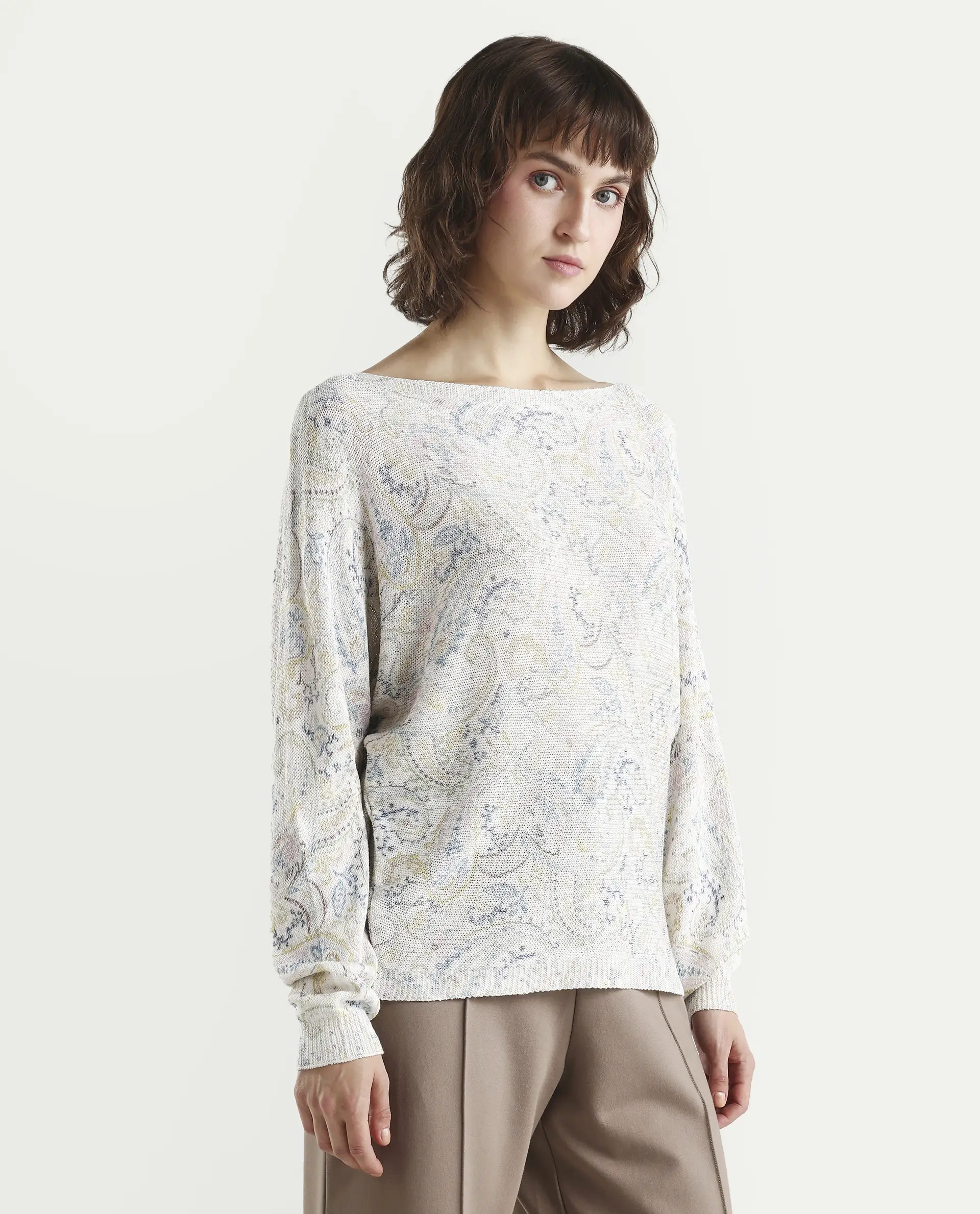 Rareism Women's Sovo Light Multi Viscose Blend Full Sleeve Boat Neck Relaxed Fit Paisley Top - Image 6