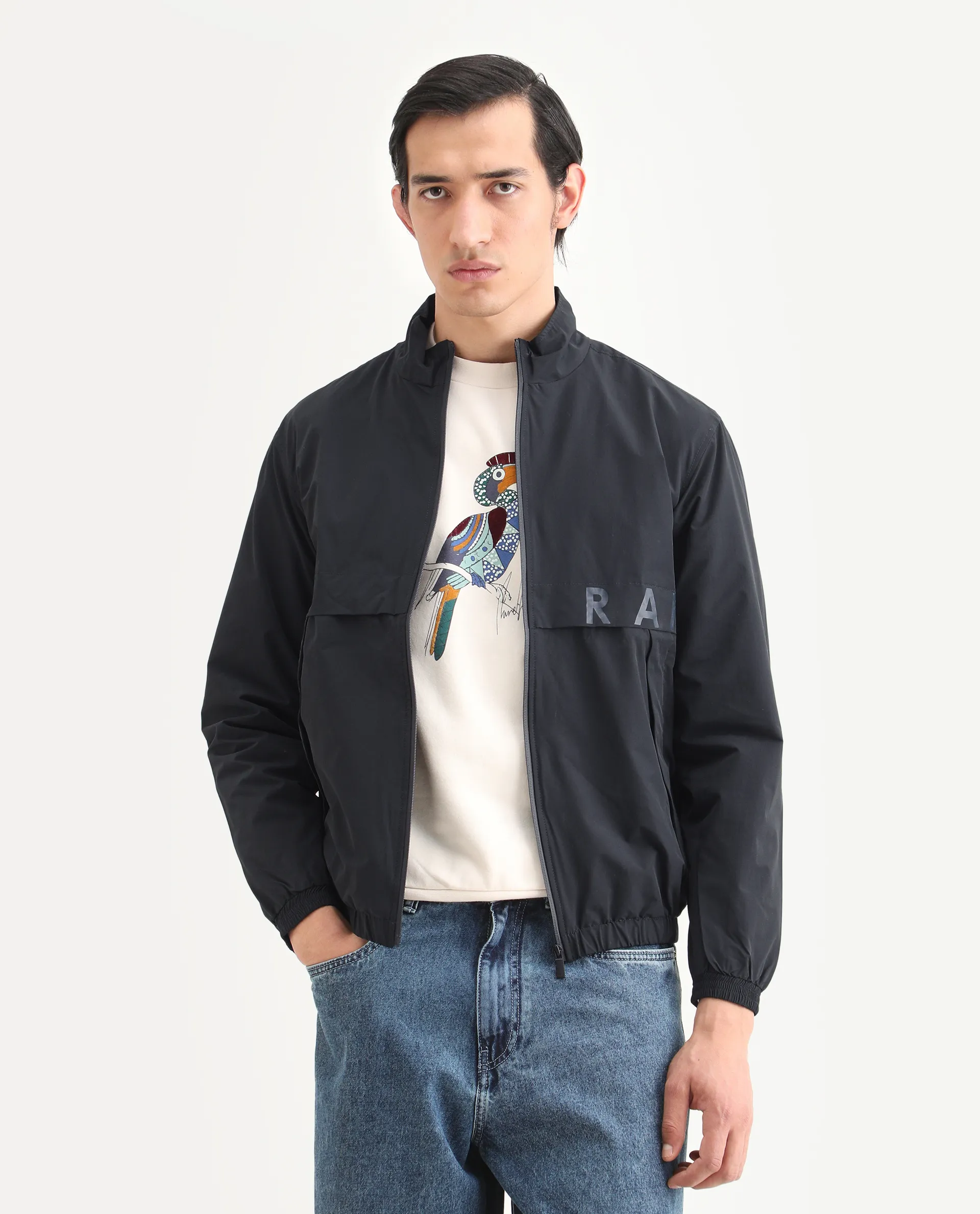 Rare Rabbit Men's Soweto Navy Polyester Typography Print Relaxed Fit Full Sleeve Spread Collar Jacket - Image 3