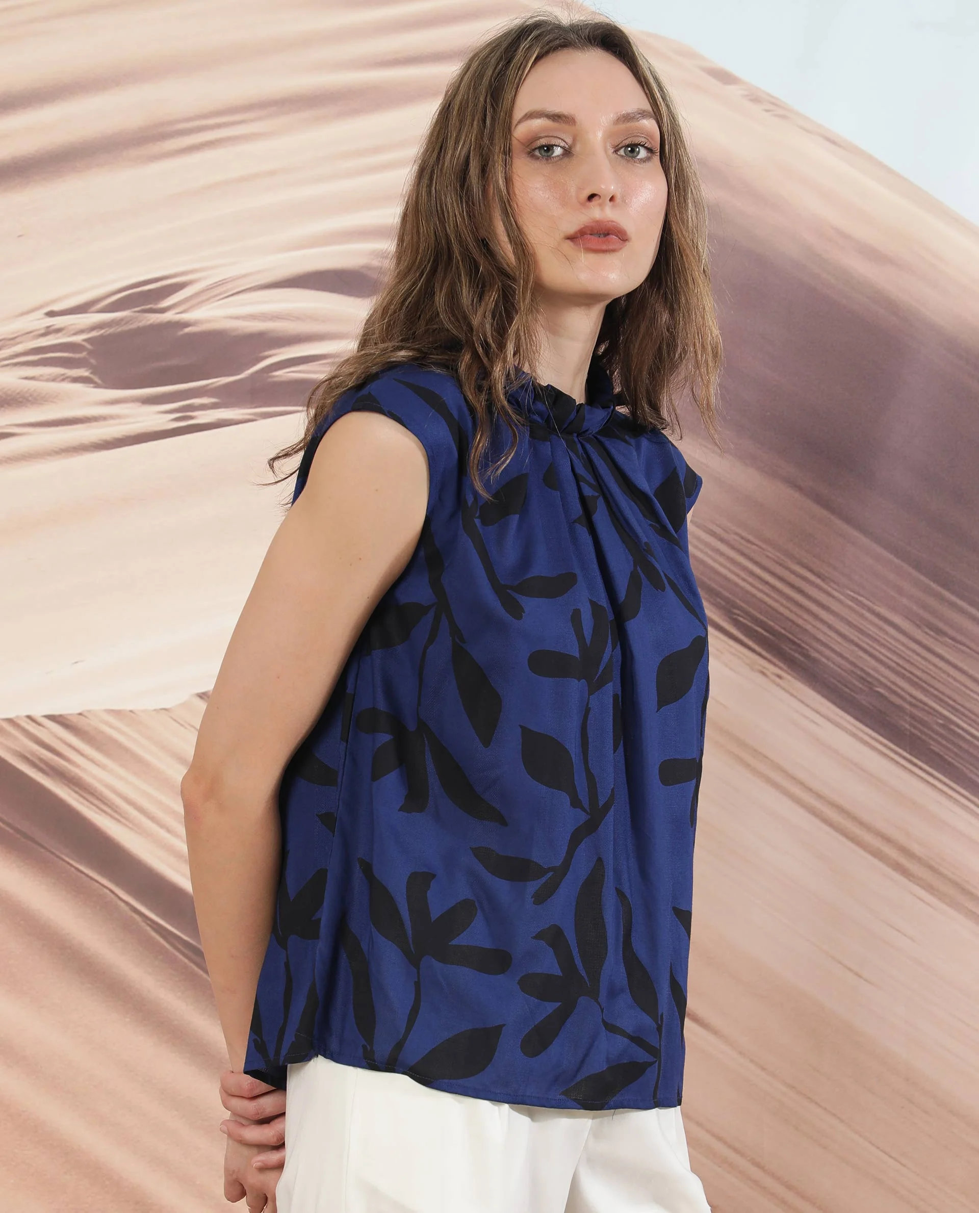 Rareism Women's Spaces Blue Cotton Sweetheart Neck Abstract Print Extended Sleeves Regular Fit Top - Image 4
