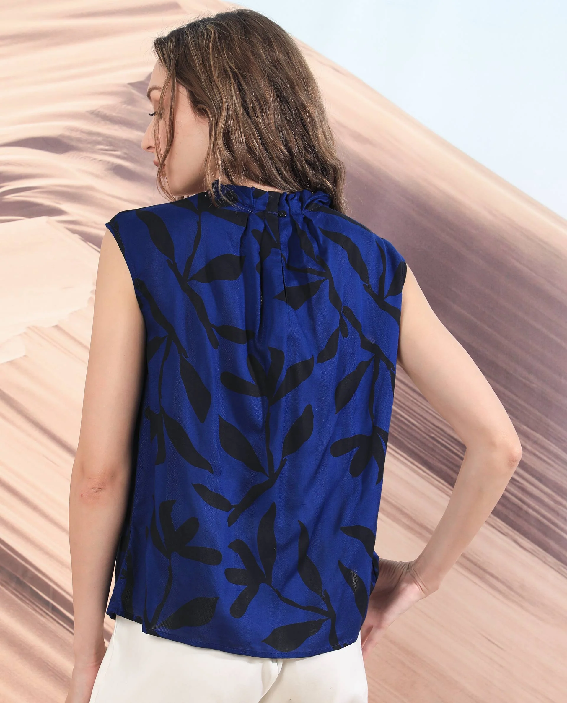 Rareism Women's Spaces Blue Cotton Sweetheart Neck Abstract Print Extended Sleeves Regular Fit Top - Image 7