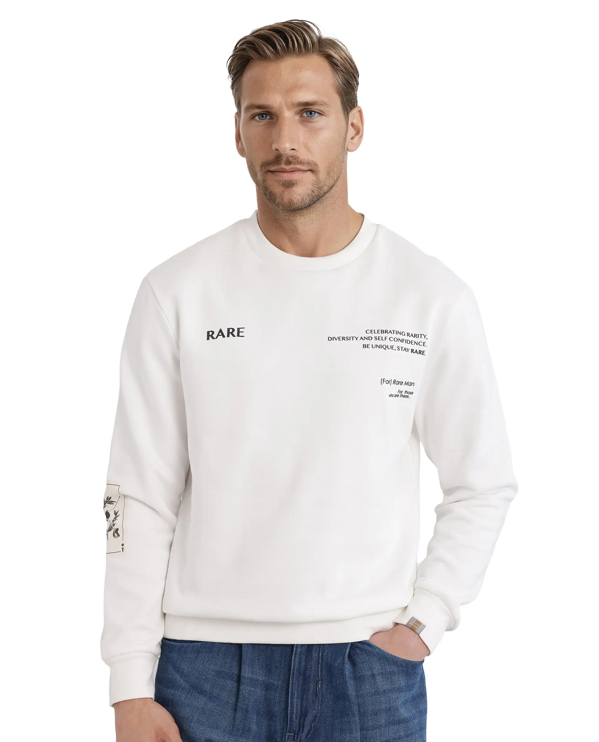 Rare Rabbit Men's Spade White Cotton Blend Typography Print Boxy Fit Full Sleeve Crew Neck Sweatshirt