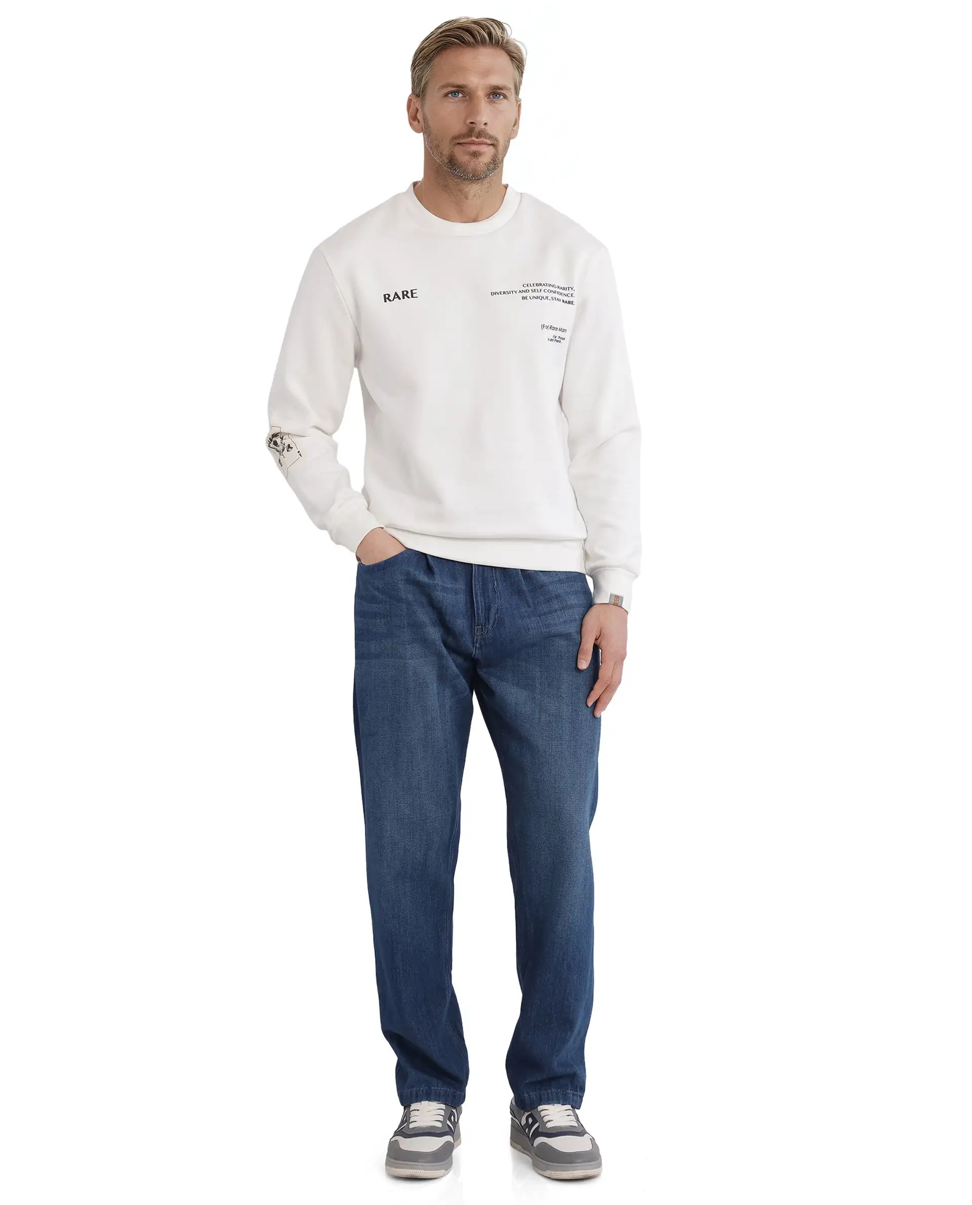 Rare Rabbit Men's Spade White Cotton Blend Typography Print Boxy Fit Full Sleeve Crew Neck Sweatshirt - Image 2