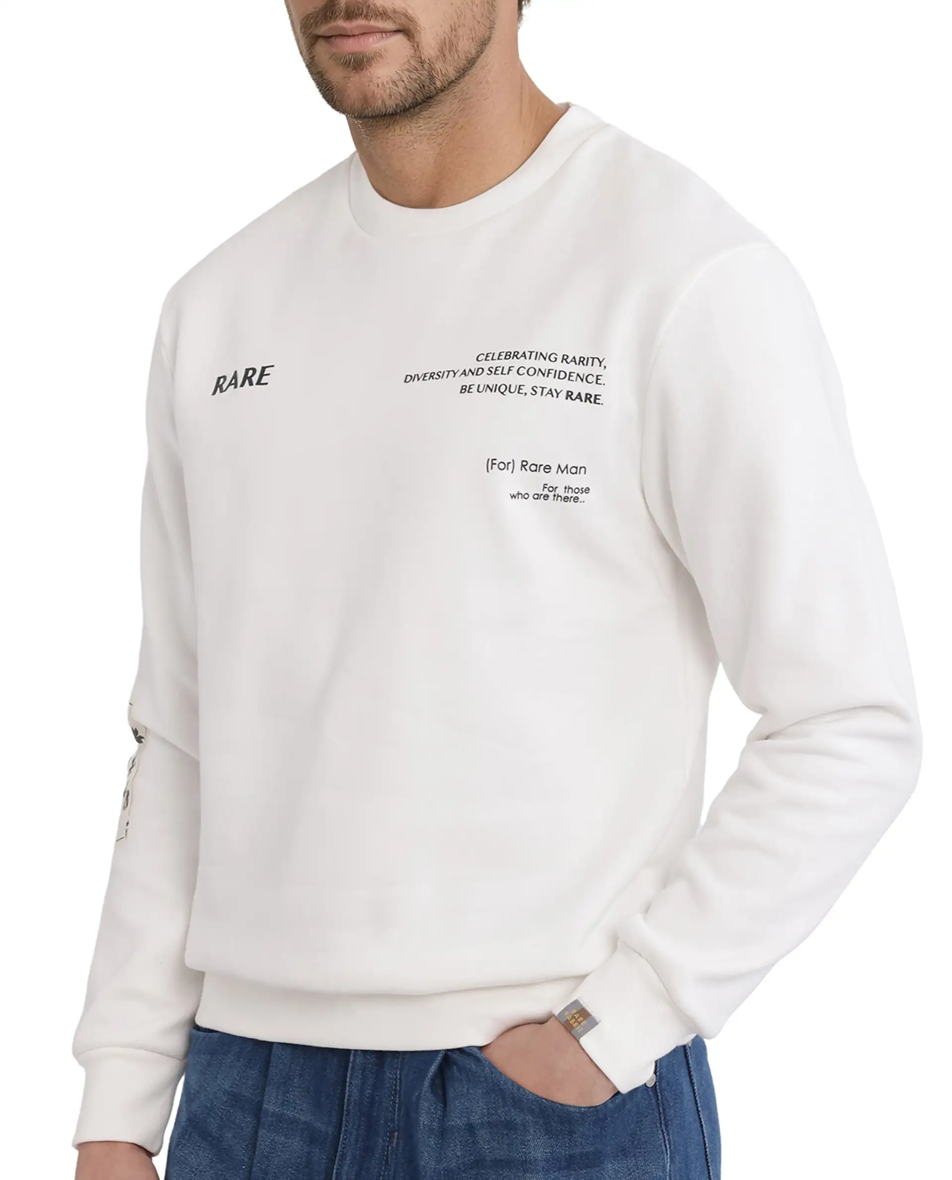 Rare Rabbit Men's Spade White Cotton Blend Typography Print Boxy Fit Full Sleeve Crew Neck Sweatshirt - Image 4