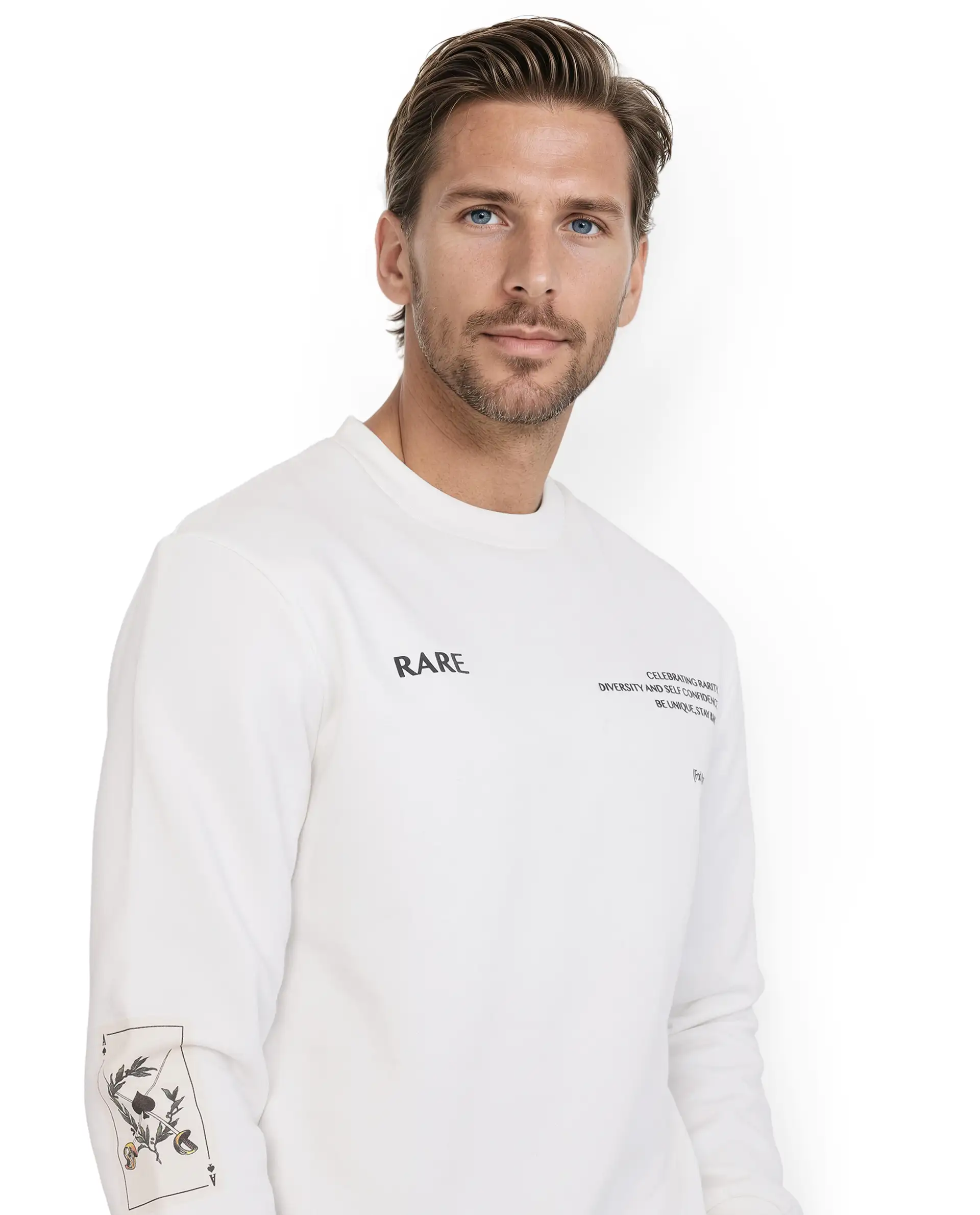 Rare Rabbit Men's Spade White Cotton Blend Typography Print Boxy Fit Full Sleeve Crew Neck Sweatshirt - Image 5