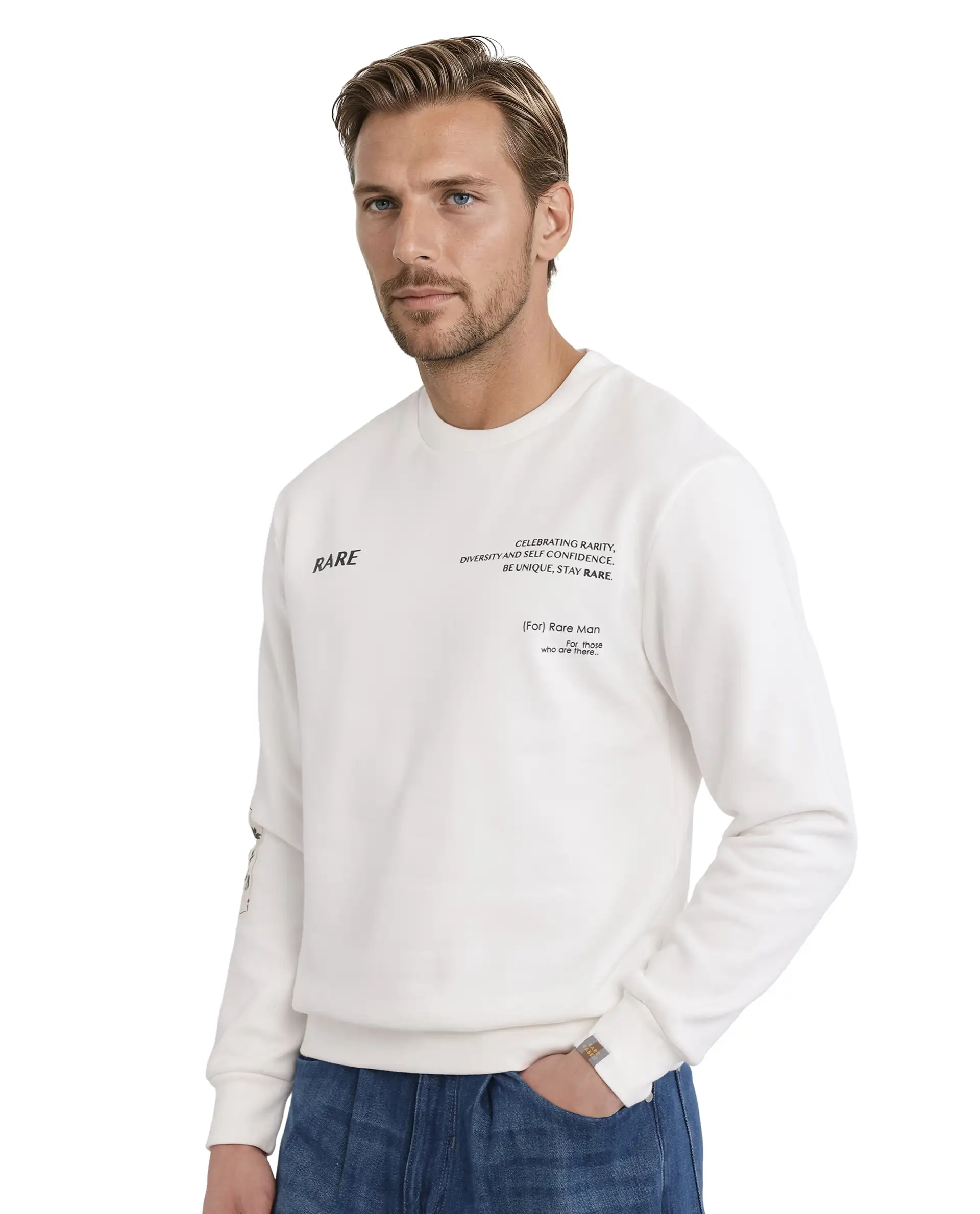 Rare Rabbit Men's Spade White Cotton Blend Typography Print Boxy Fit Full Sleeve Crew Neck Sweatshirt - Image 7