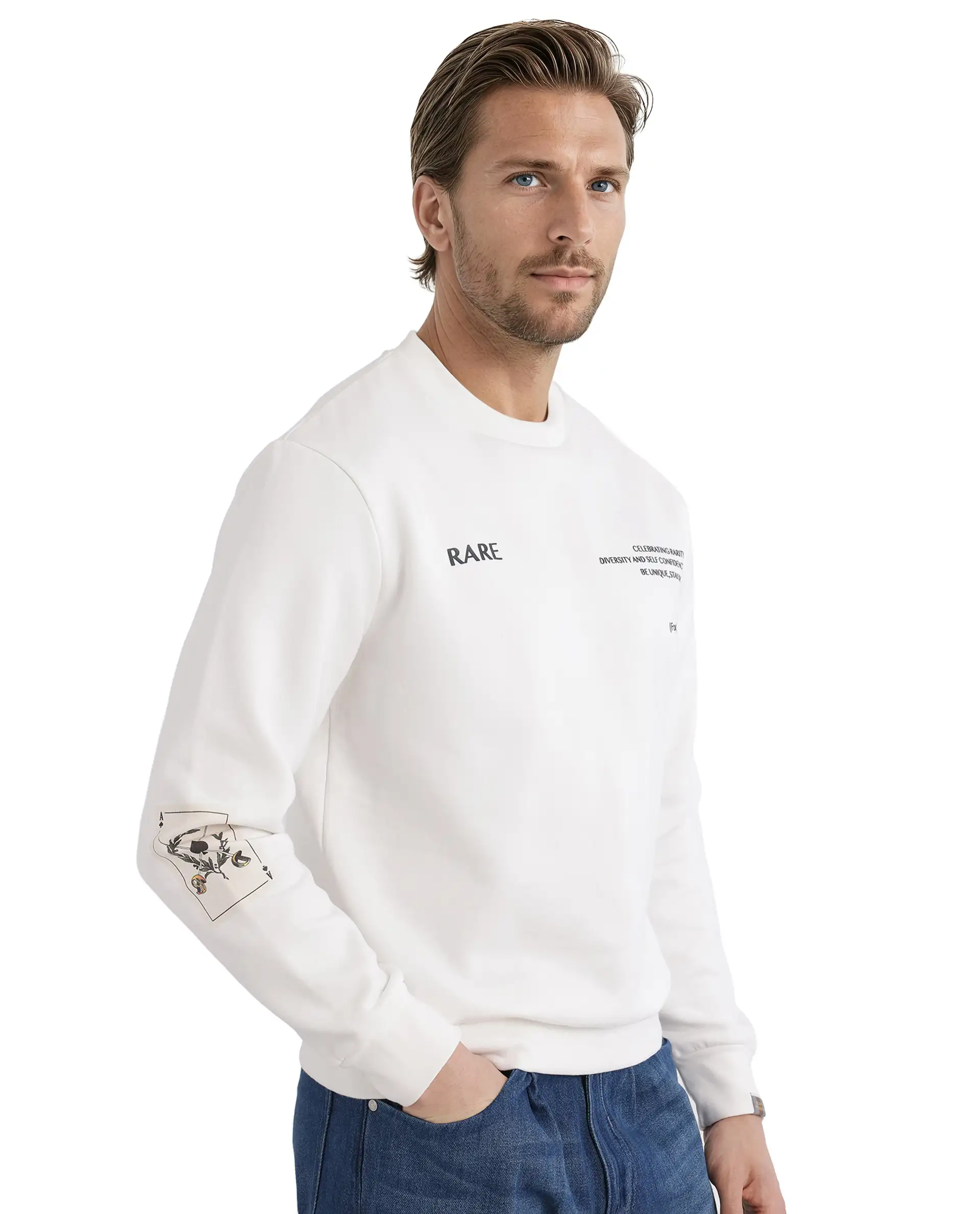 Rare Rabbit Men's Spade White Cotton Blend Typography Print Boxy Fit Full Sleeve Crew Neck Sweatshirt - Image 8