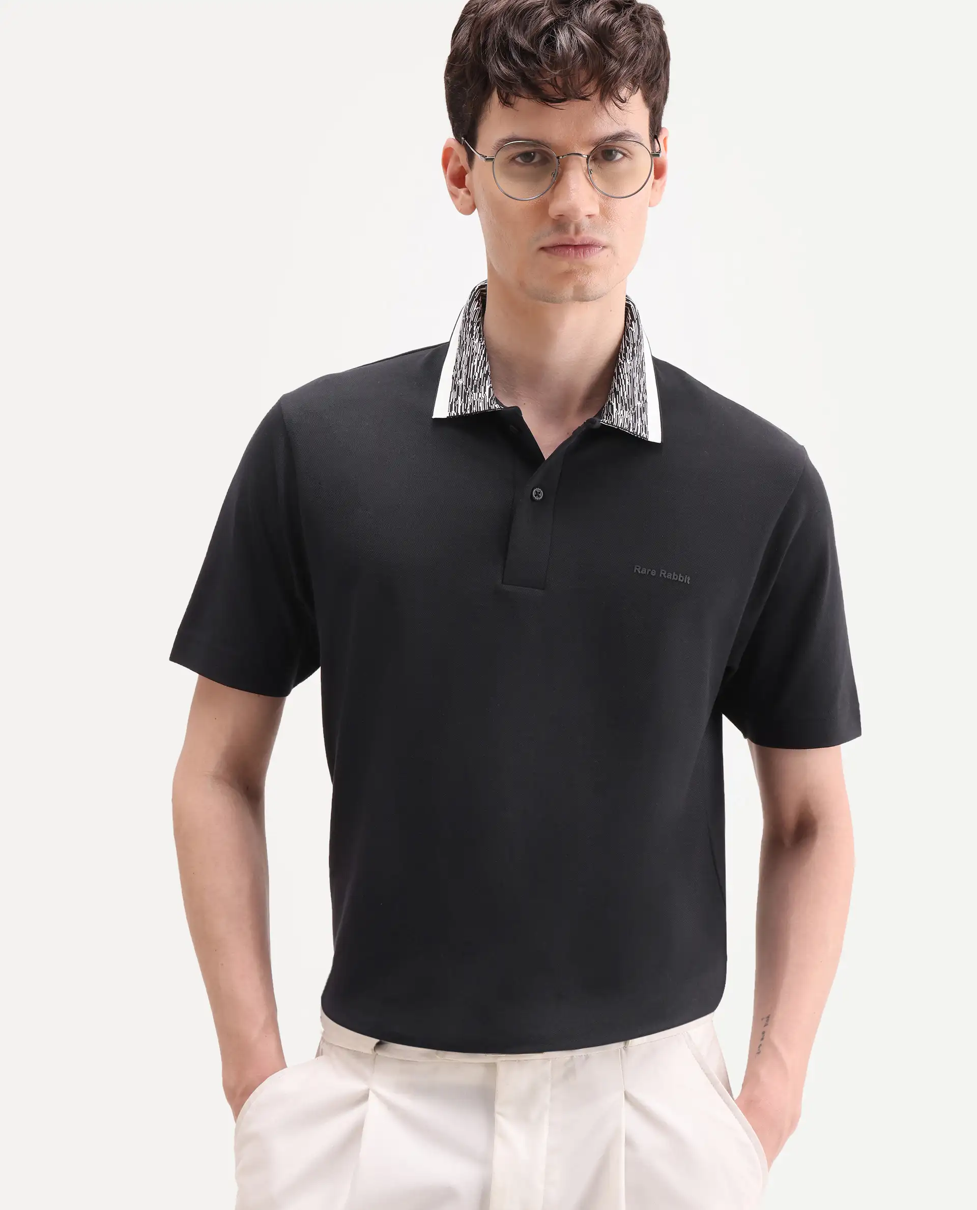 Rare Rabbit Men's Spalo Black Cotton Blend Fabric Half Sleeve Spread Collar Regular Plain Polo
