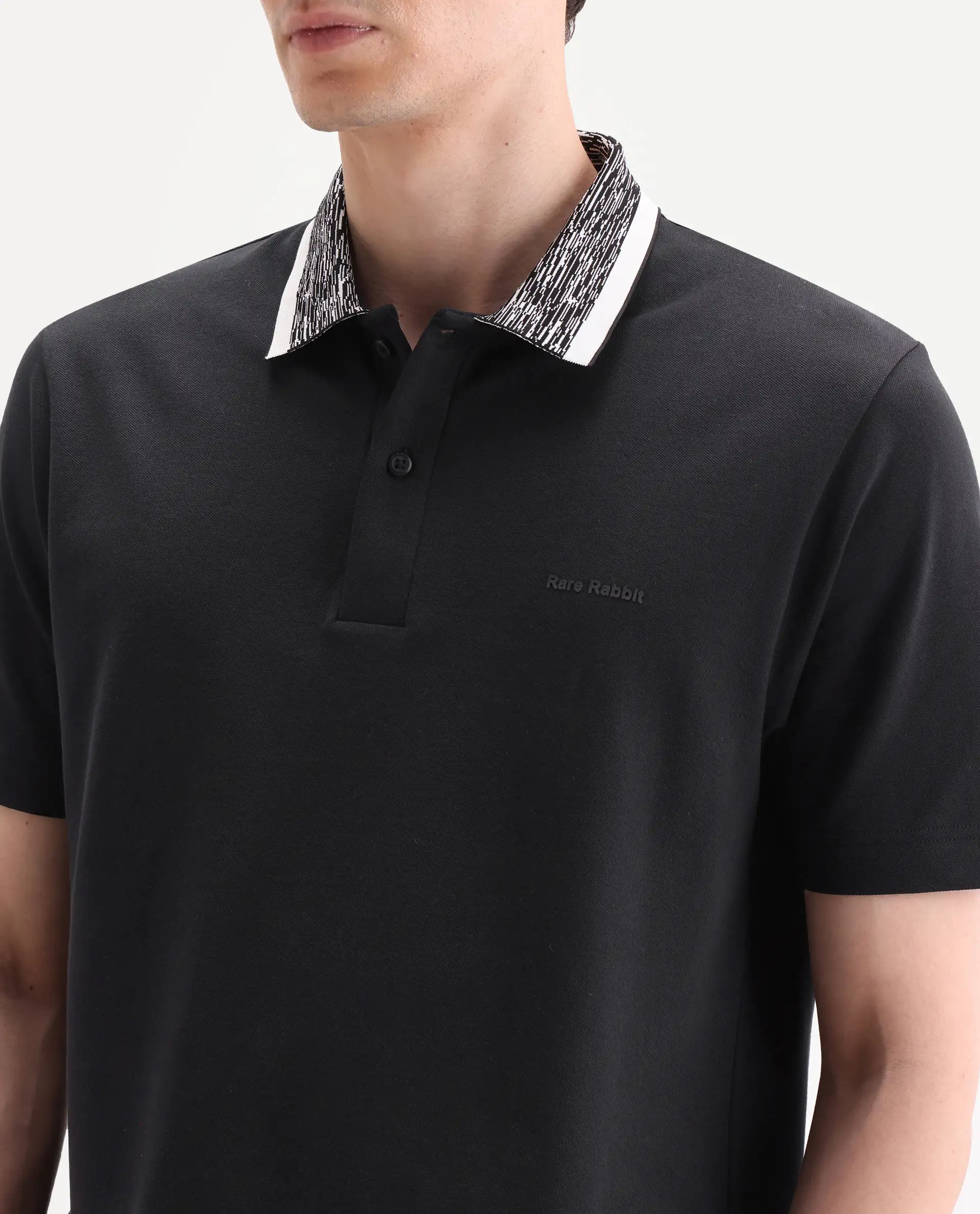 Rare Rabbit Men's Spalo Black Cotton Blend Fabric Half Sleeve Spread Collar Regular Plain Polo - Image 3