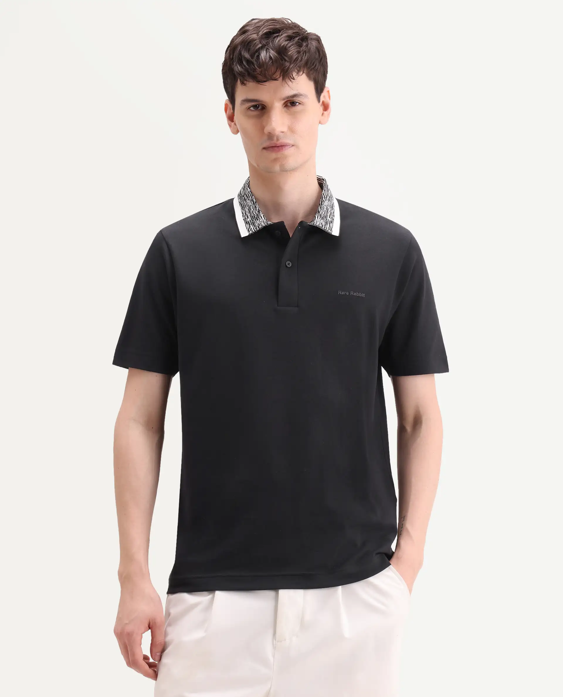 Rare Rabbit Men's Spalo Black Cotton Blend Fabric Half Sleeve Spread Collar Regular Plain Polo - Image 4
