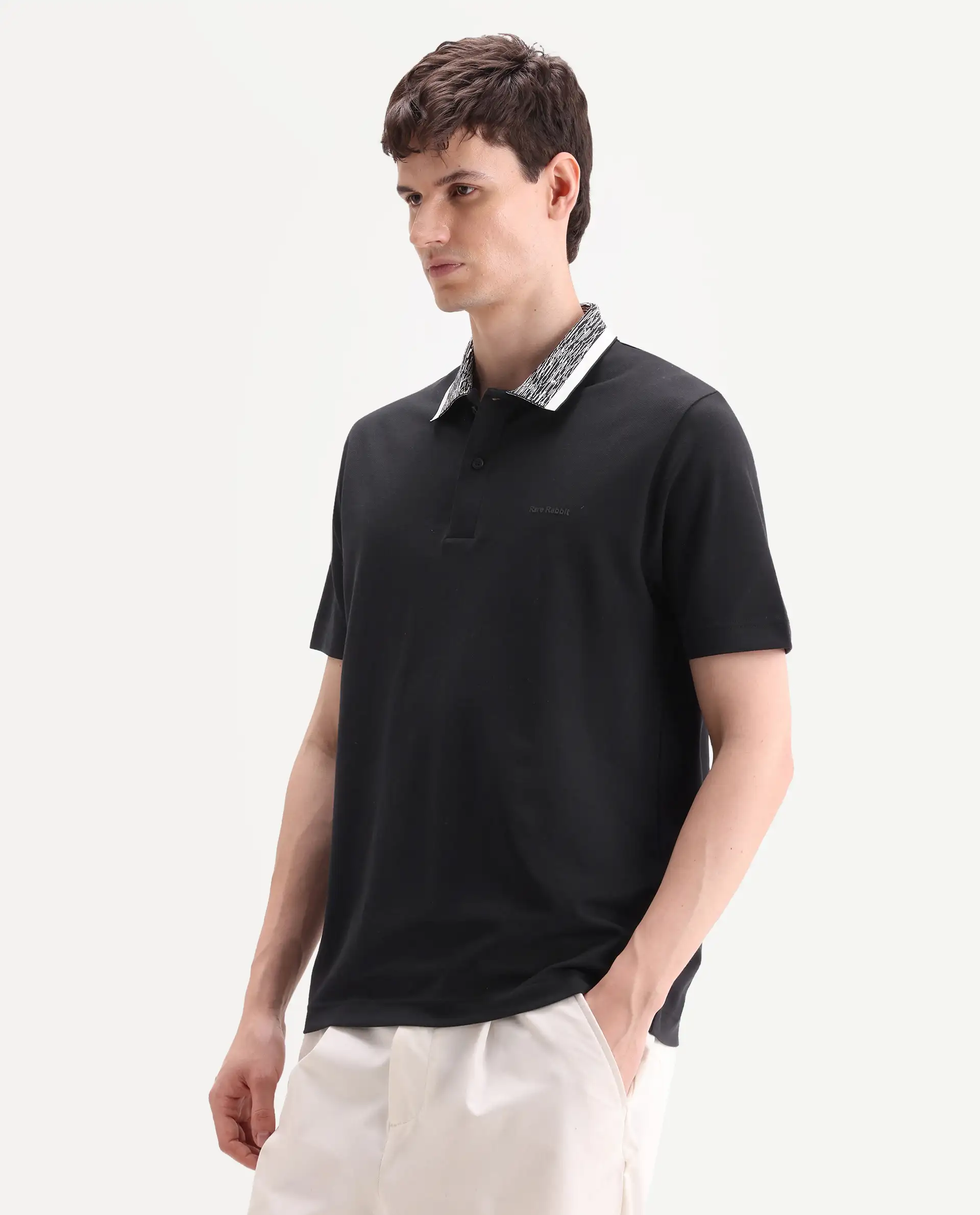 Rare Rabbit Men's Spalo Black Cotton Blend Fabric Half Sleeve Spread Collar Regular Plain Polo - Image 5