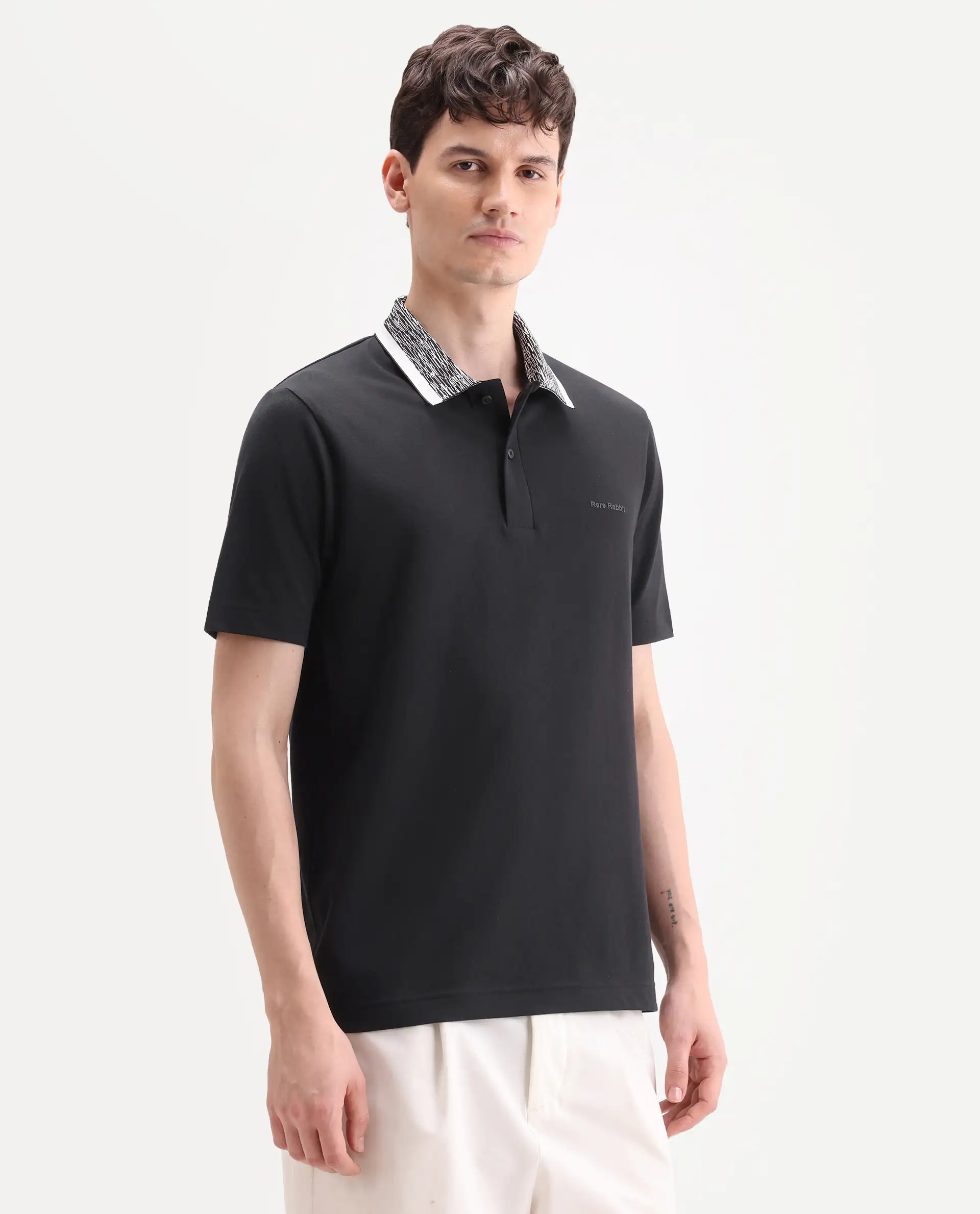 Rare Rabbit Men's Spalo Black Cotton Blend Fabric Half Sleeve Spread Collar Regular Plain Polo - Image 6