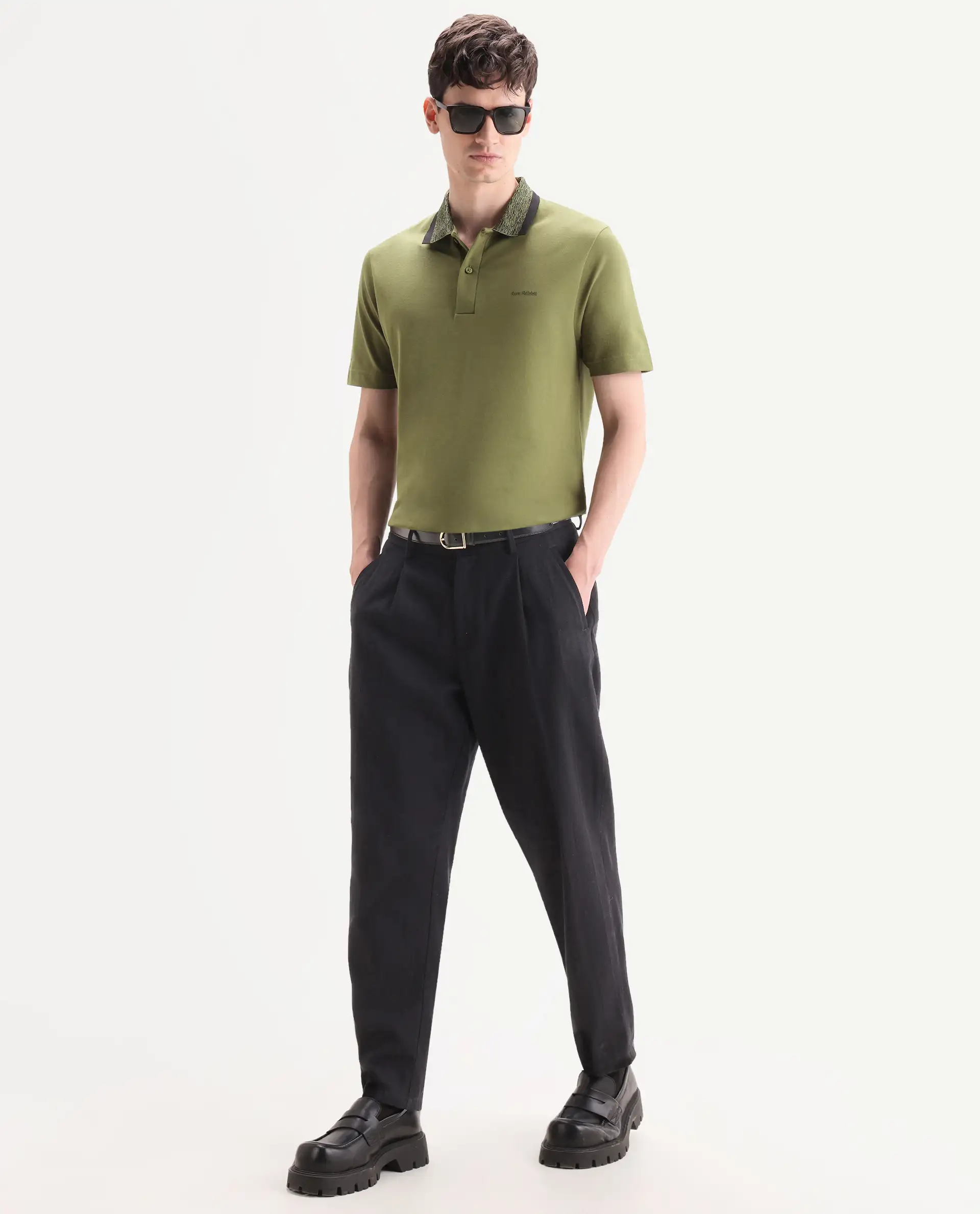 Rare Rabbit Men's Spalo Dark Green Cotton Blend Fabric Half Sleeve Spread Collar Regular Plain Polo - Image 2