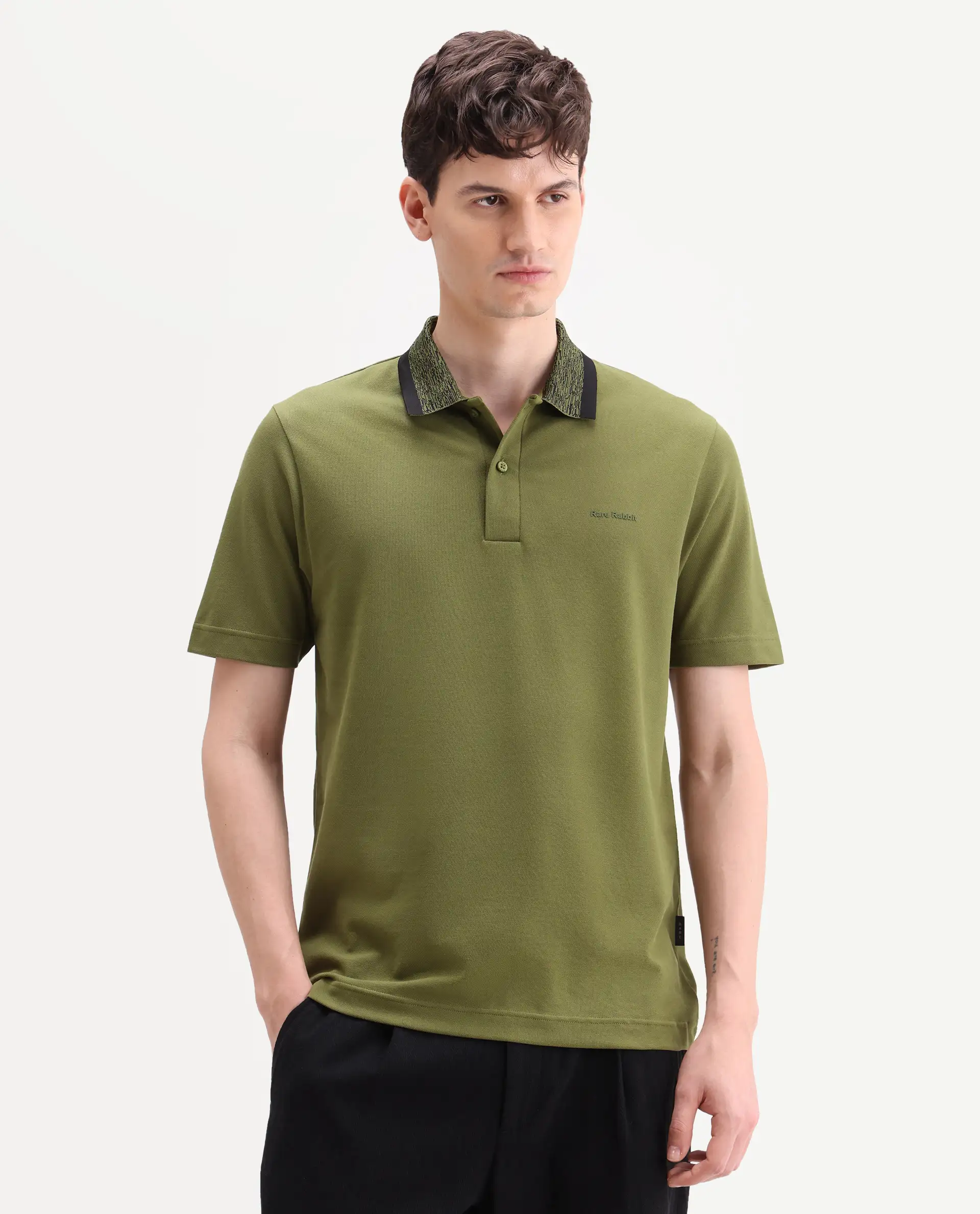 Rare Rabbit Men's Spalo Dark Green Cotton Blend Fabric Half Sleeve Spread Collar Regular Plain Polo - Image 4