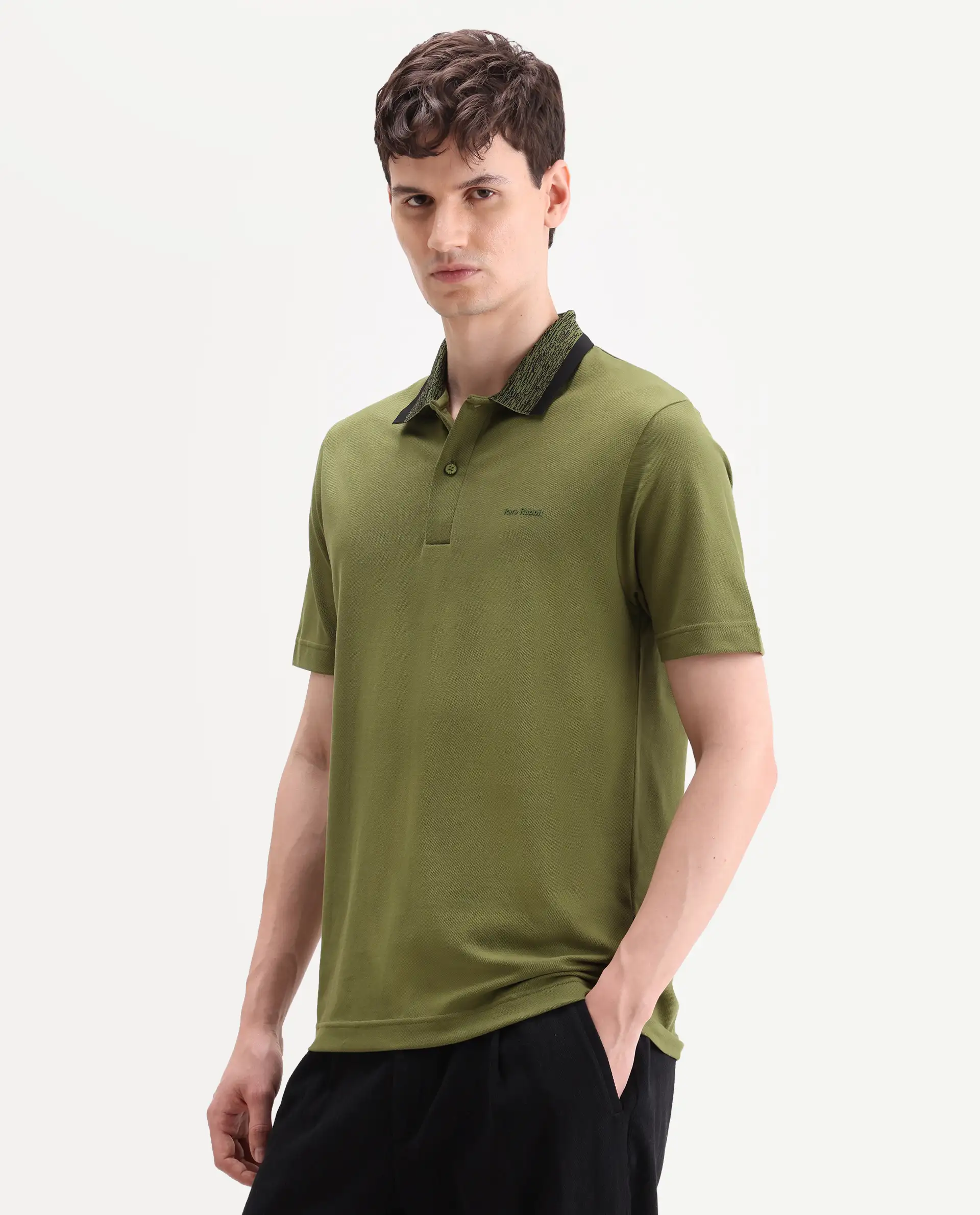 Rare Rabbit Men's Spalo Dark Green Cotton Blend Fabric Half Sleeve Spread Collar Regular Plain Polo - Image 5