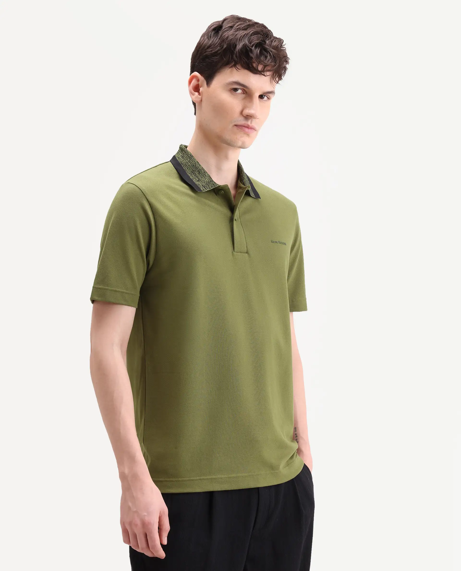 Rare Rabbit Men's Spalo Dark Green Cotton Blend Fabric Half Sleeve Spread Collar Regular Plain Polo - Image 6
