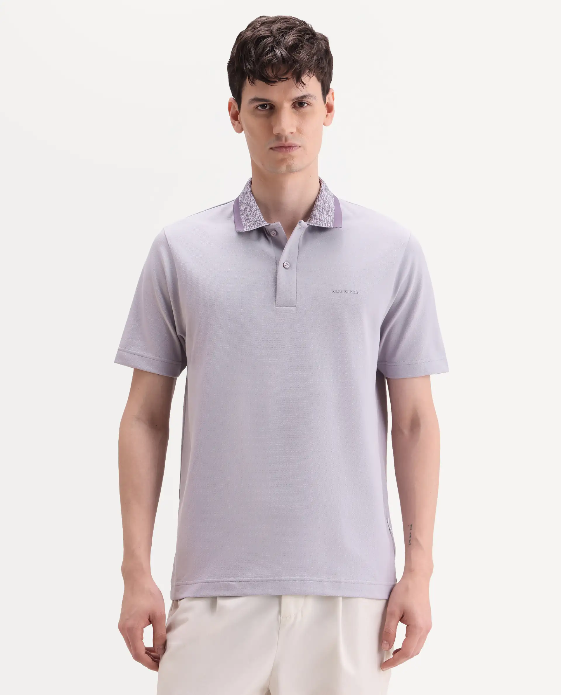 Rare Rabbit Men's Spalo Purple Cotton Blend Fabric Half Sleeve Spread Collar Regular Plain Polo - Image 4