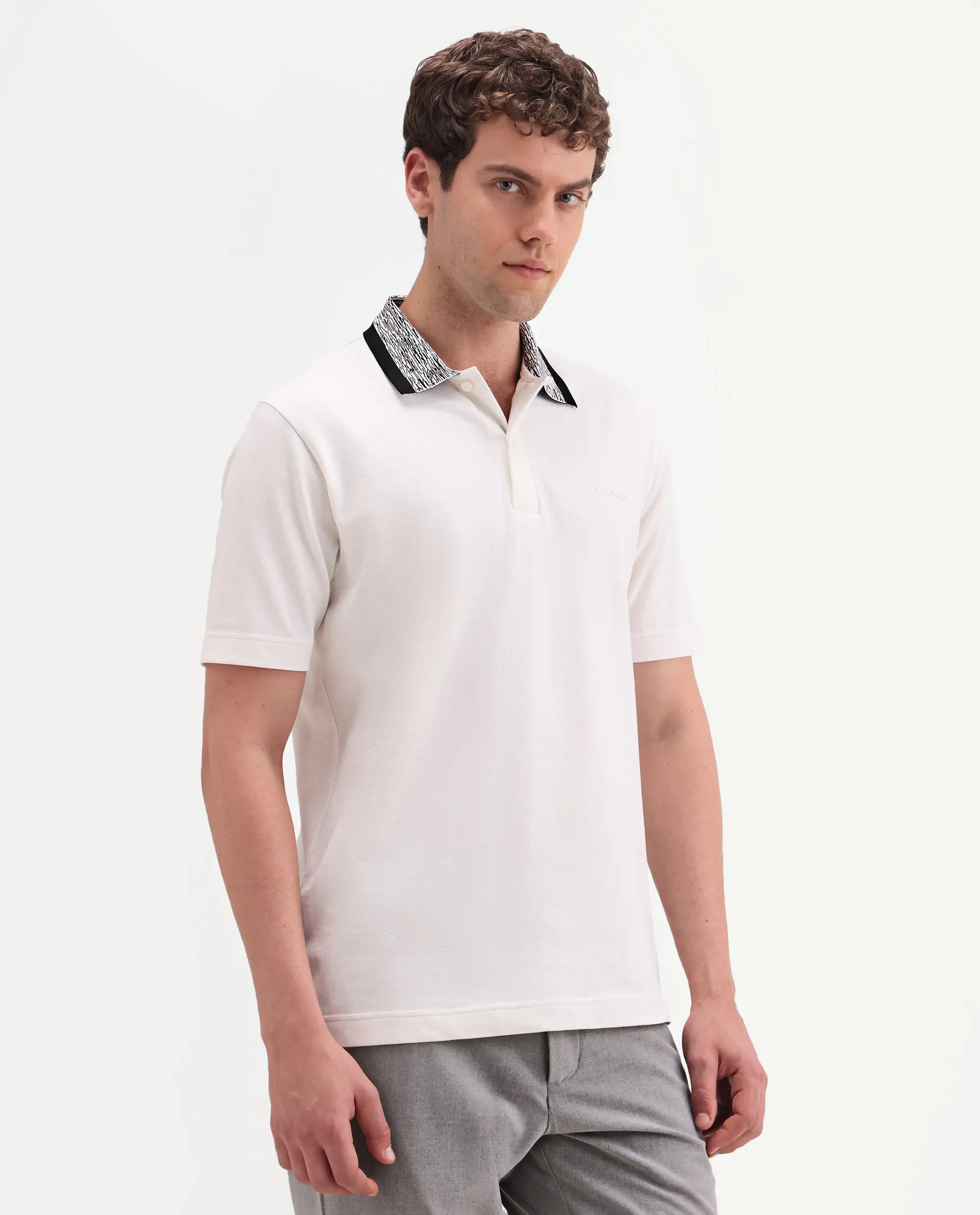Rare Rabbit Men's Spalo White Cotton Blend Fabric Half Sleeve Spread Collar Regular Plain Polo - Image 5