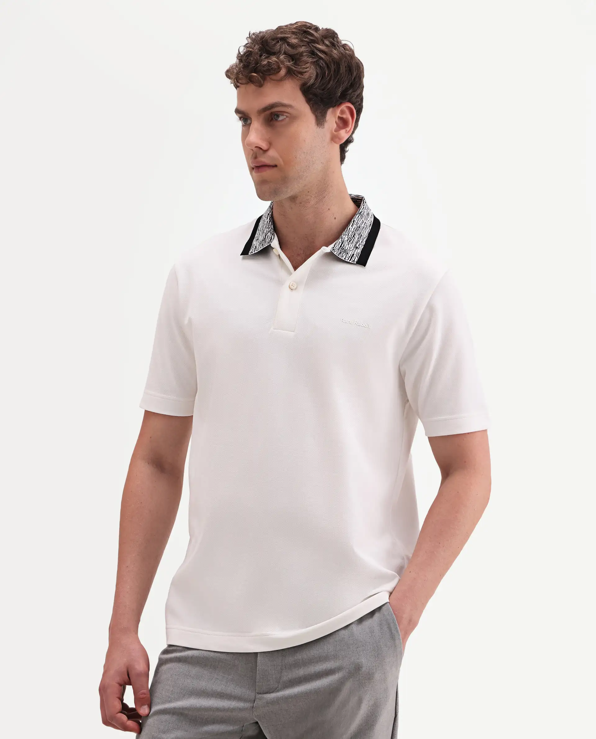 Rare Rabbit Men's Spalo White Cotton Blend Fabric Half Sleeve Spread Collar Regular Plain Polo - Image 6