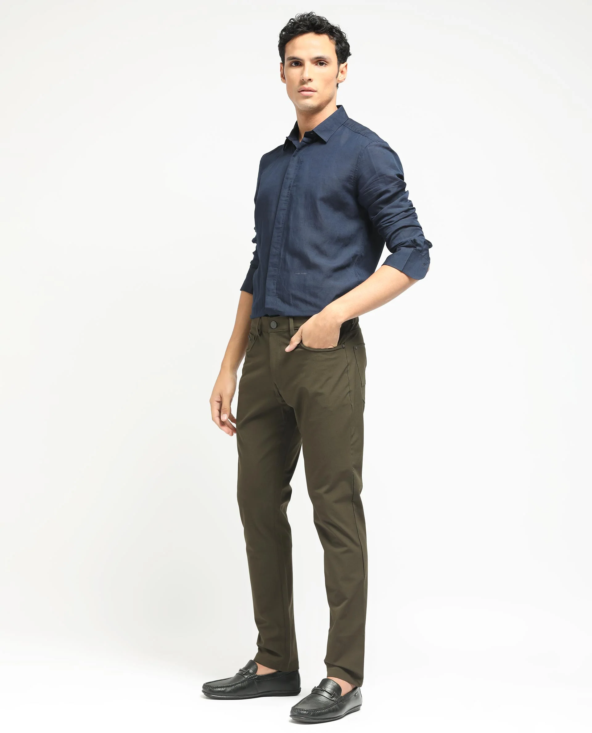 Rare Rabbit Men's Spark Dark Olive Polyester Plain Regular Fit Trouser - Image 4