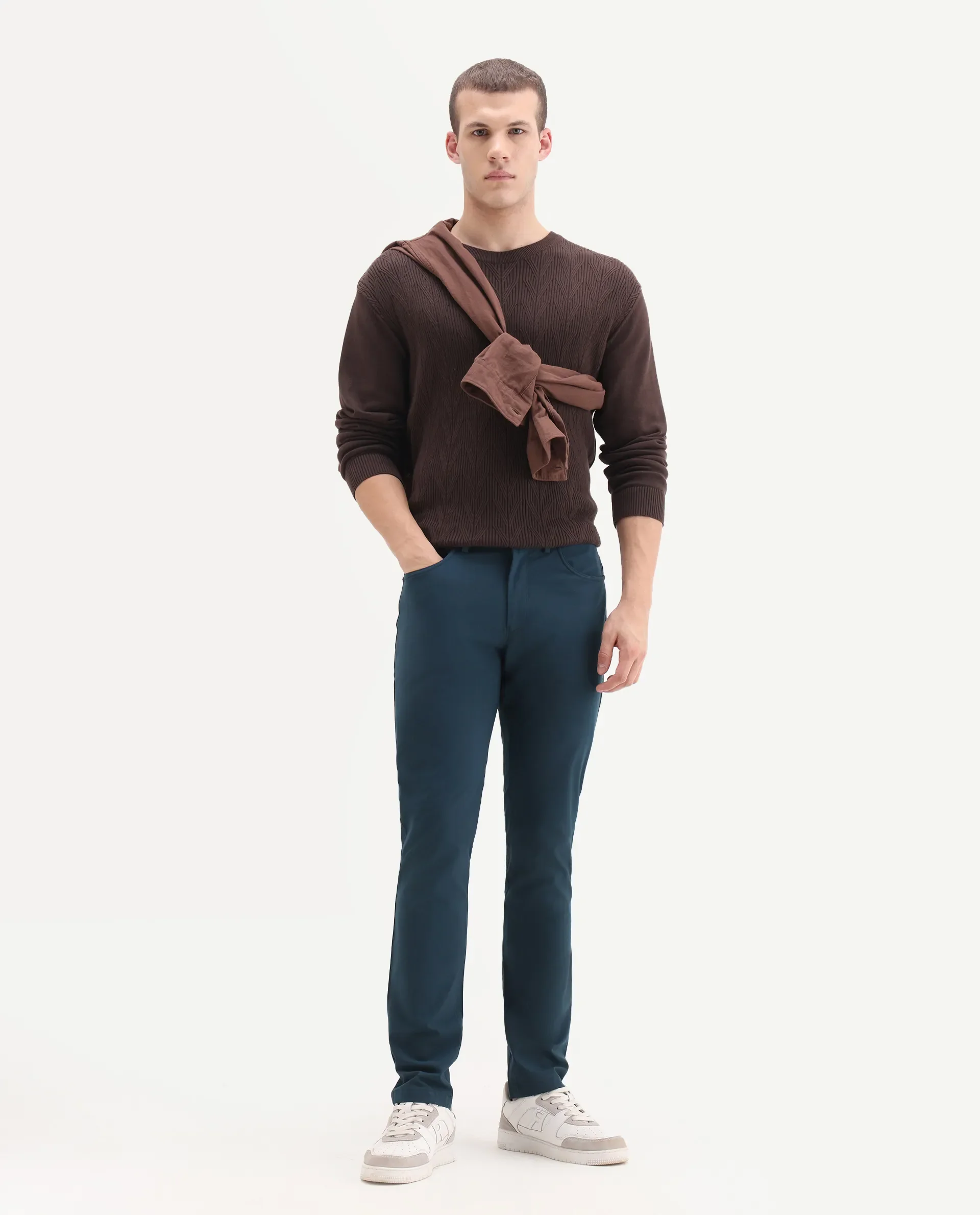 Rare Rabbit Men's Spark Dark Petrol Polyester Plain Regular Fit Trouser
