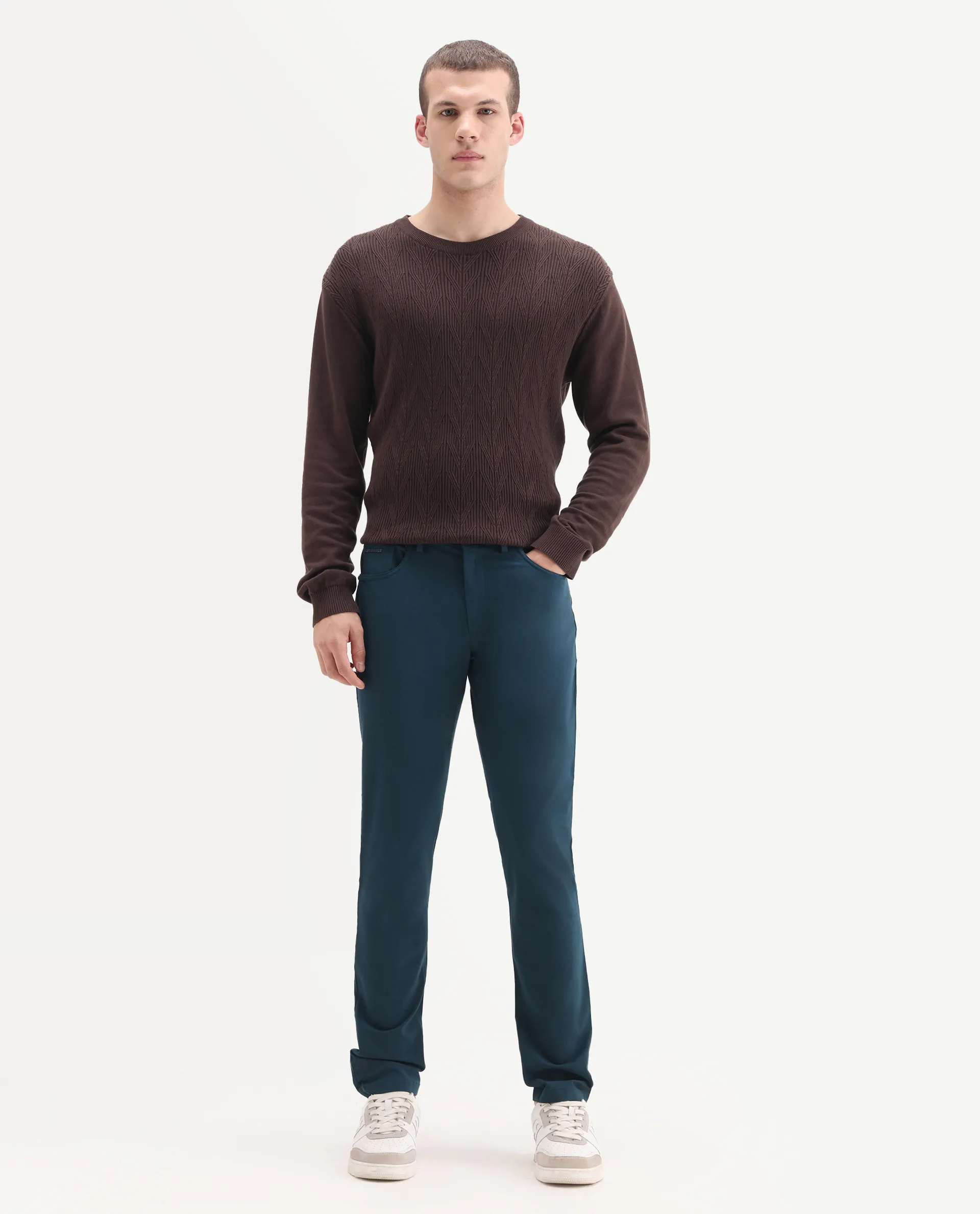 Rare Rabbit Men's Spark Dark Petrol Polyester Plain Regular Fit Trouser - Image 4