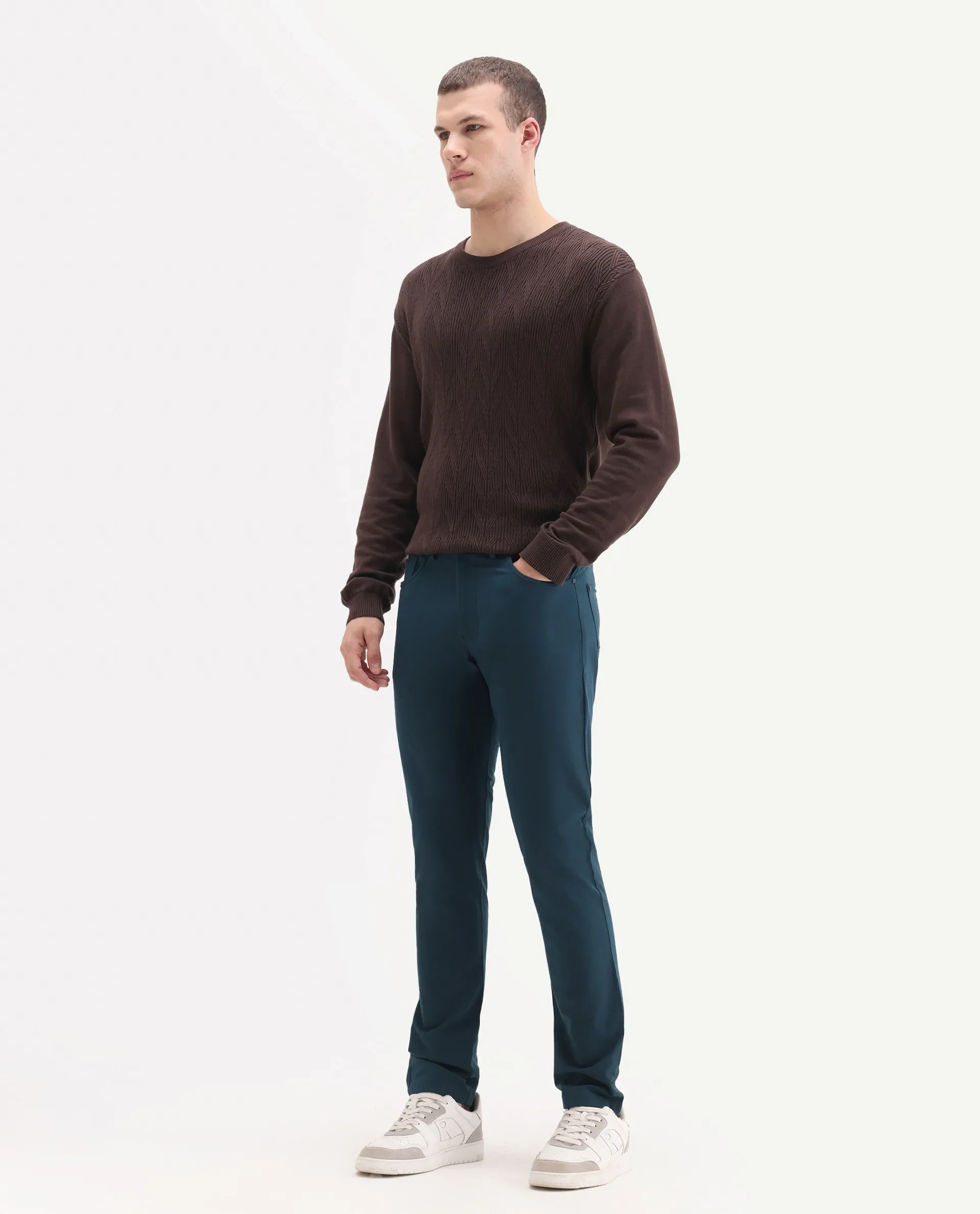 Rare Rabbit Men's Spark Dark Petrol Polyester Plain Regular Fit Trouser - Image 5
