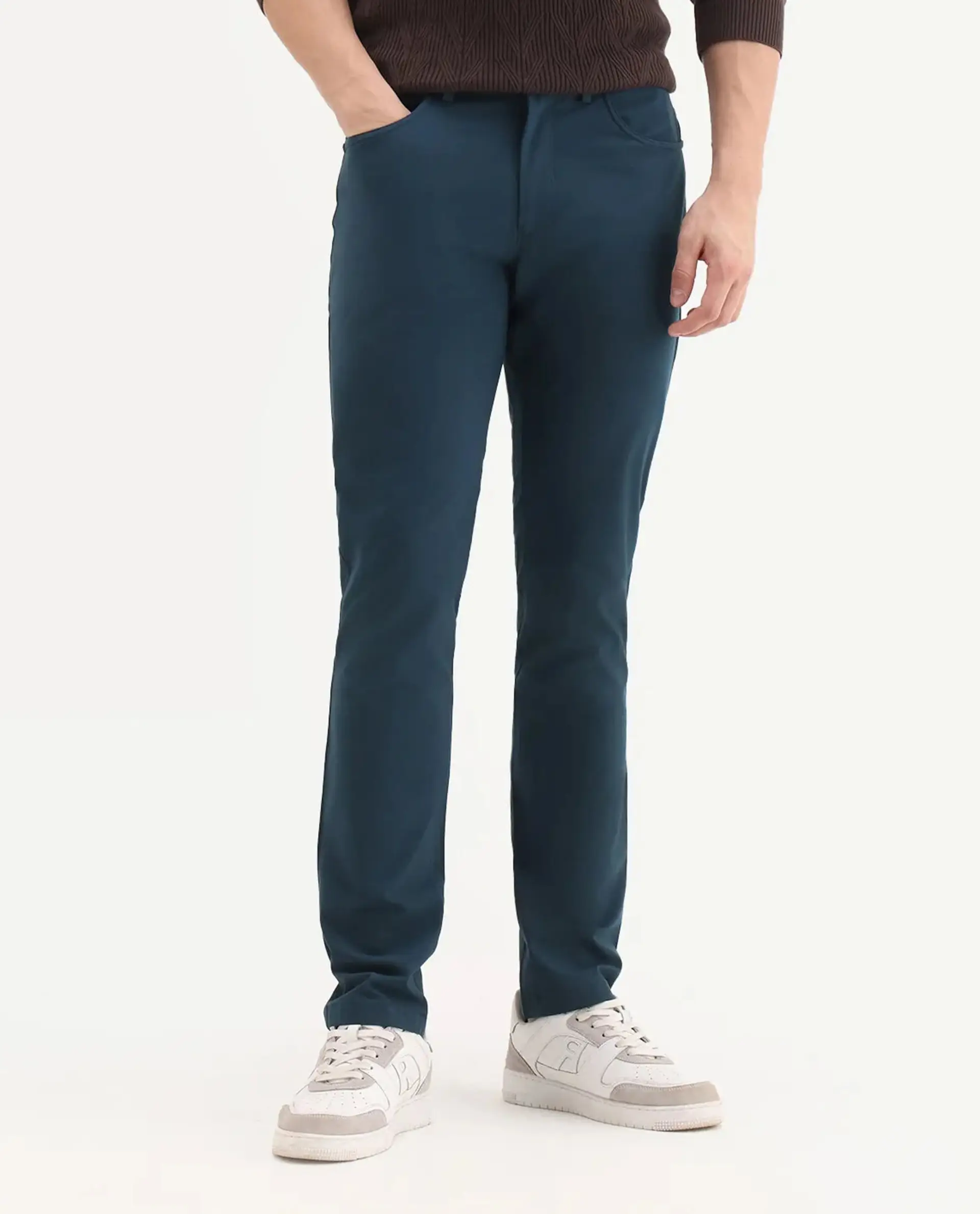 Rare Rabbit Men's Spark Dark Petrol Polyester Plain Regular Fit Trouser - Image 9