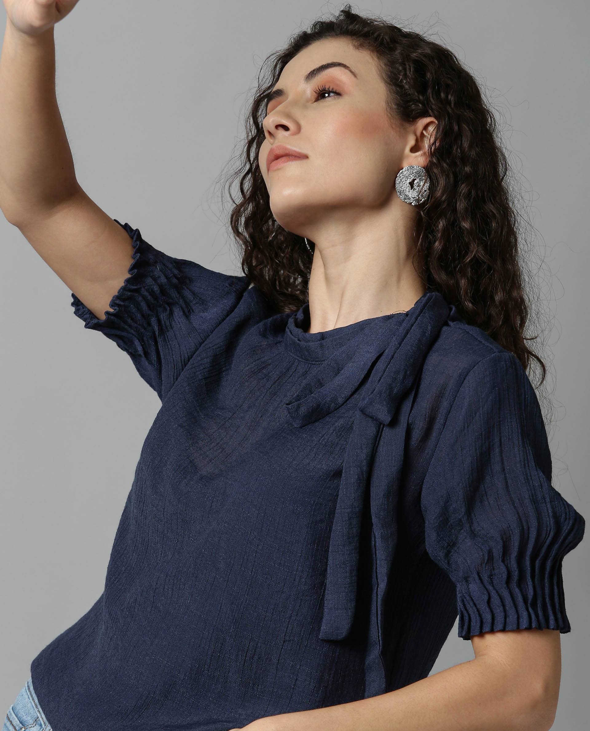 Rareism Women Sparrow Navy Top Short Sleeves