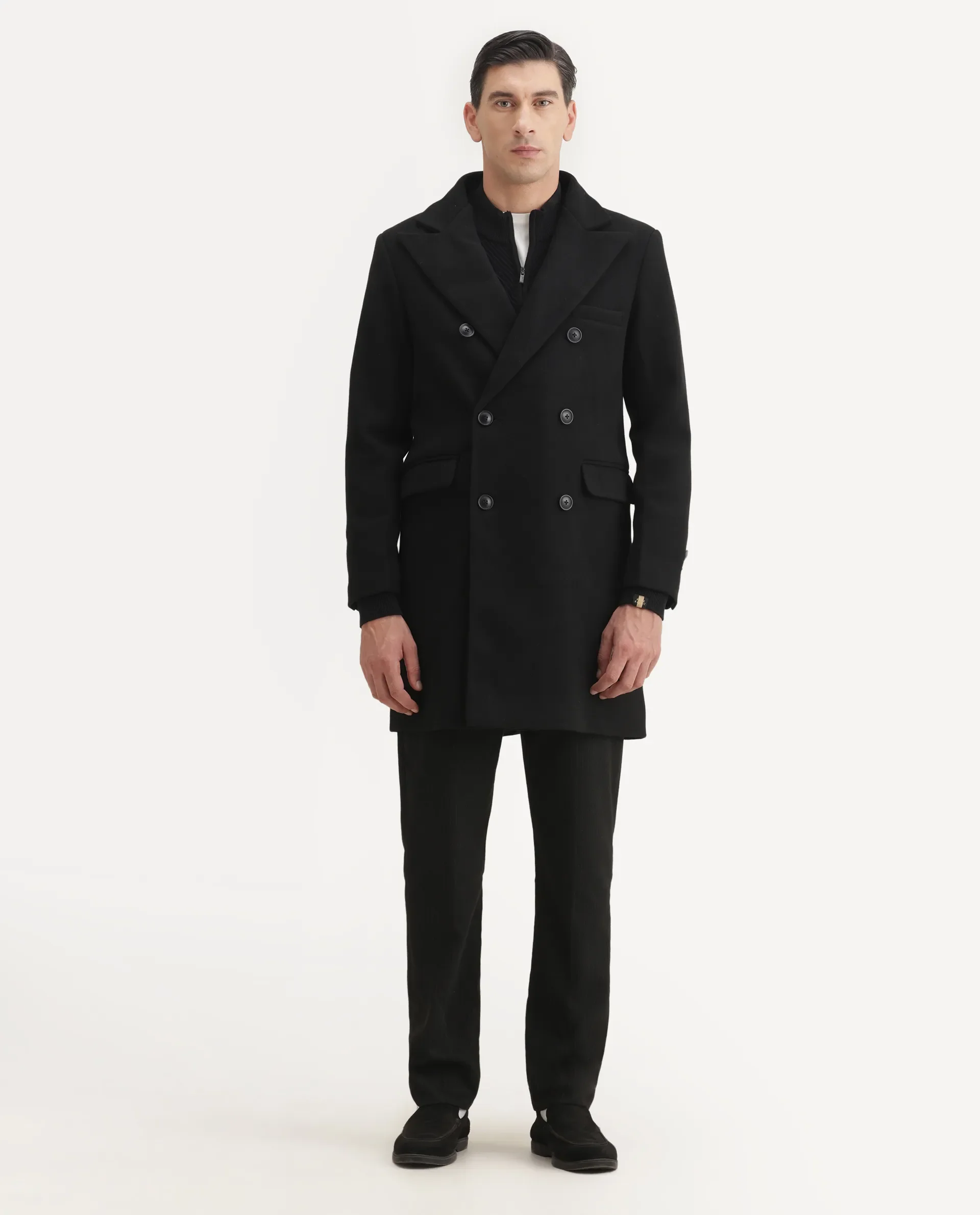 Rare Rabbit Men's Spartan-25 Black Cotton Fabric Collared Neck Relaxed Plain Coat