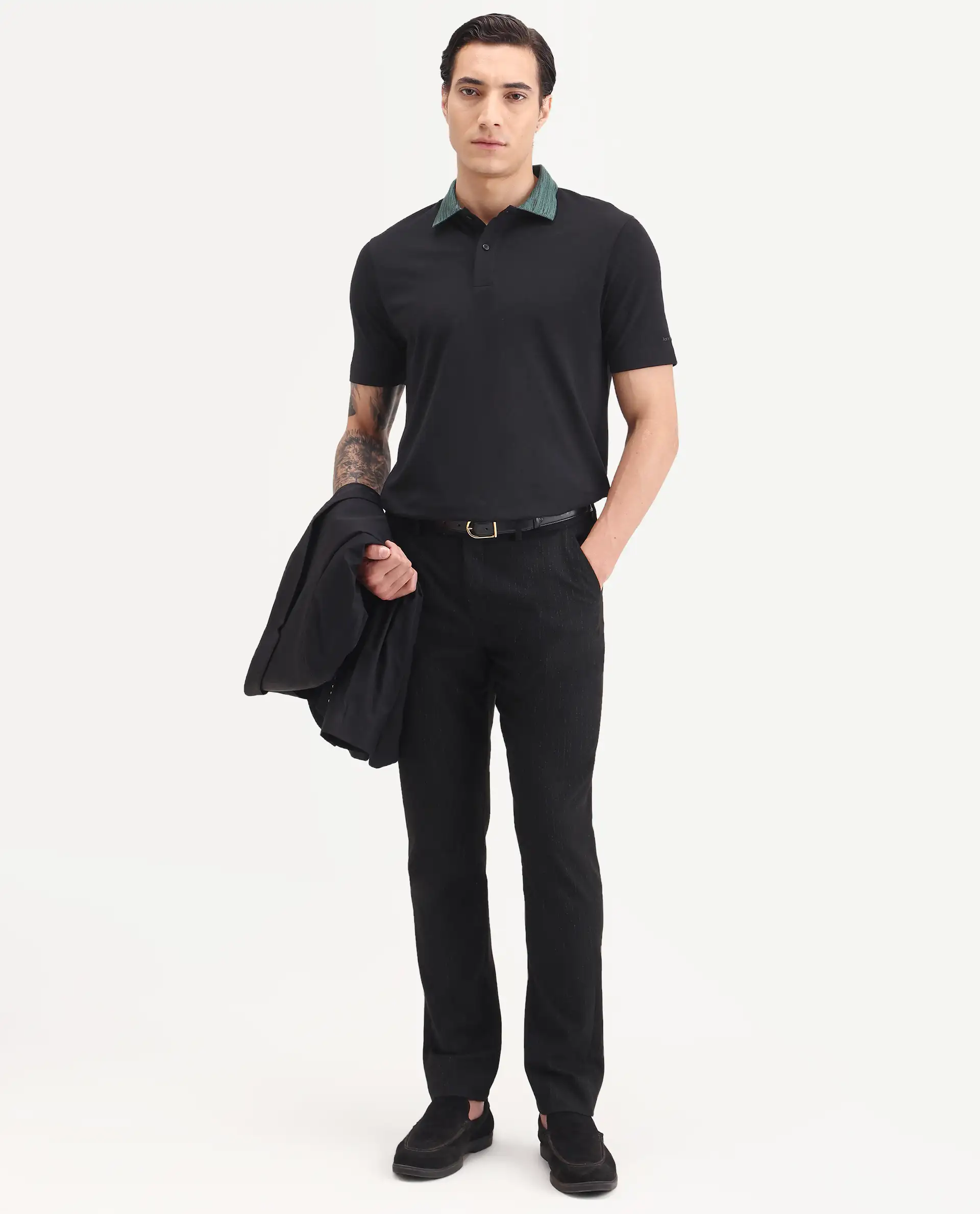 Rare Rabbit Men's Spat Black Cotton Blend Fabric Half Sleeve Spread Collar Regular Fit Plain Polo - Image 2