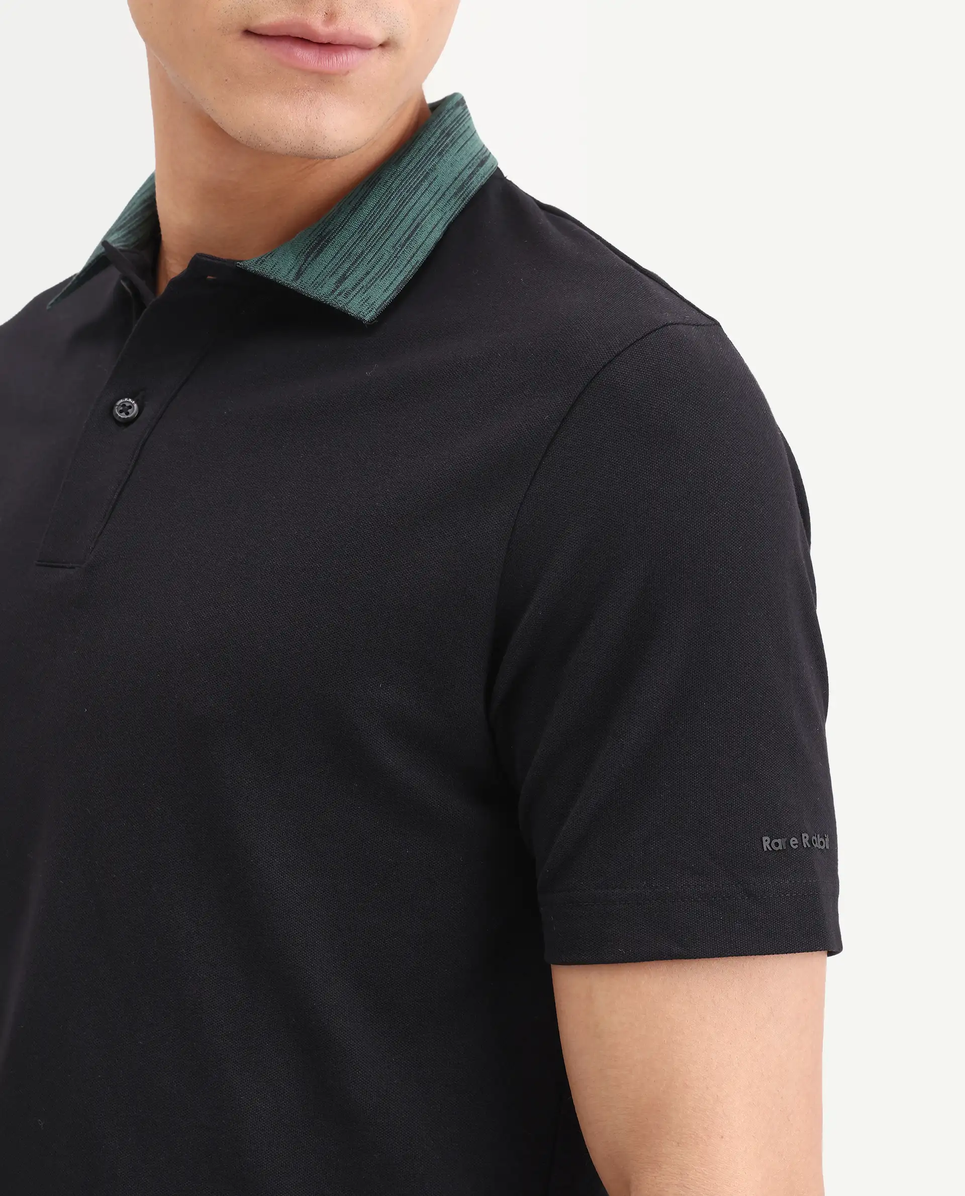 Rare Rabbit Men's Spat Black Cotton Blend Fabric Half Sleeve Spread Collar Regular Fit Plain Polo - Image 3