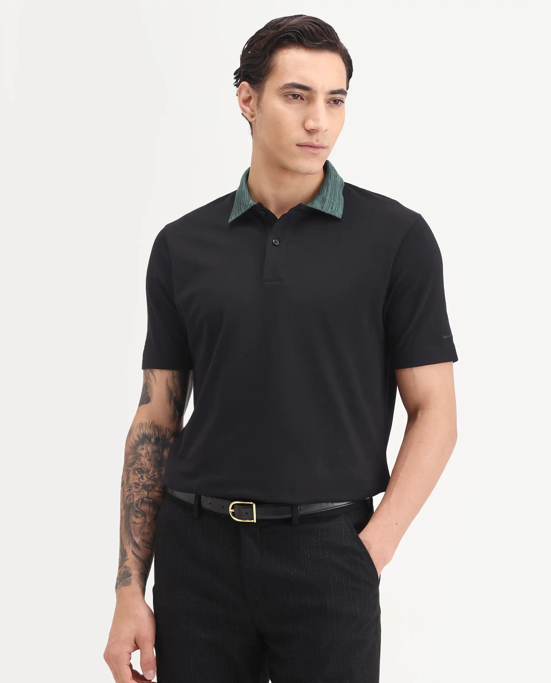 Rare Rabbit Men's Spat Black Cotton Blend Fabric Half Sleeve Spread Collar Regular Fit Plain Polo - Image 4