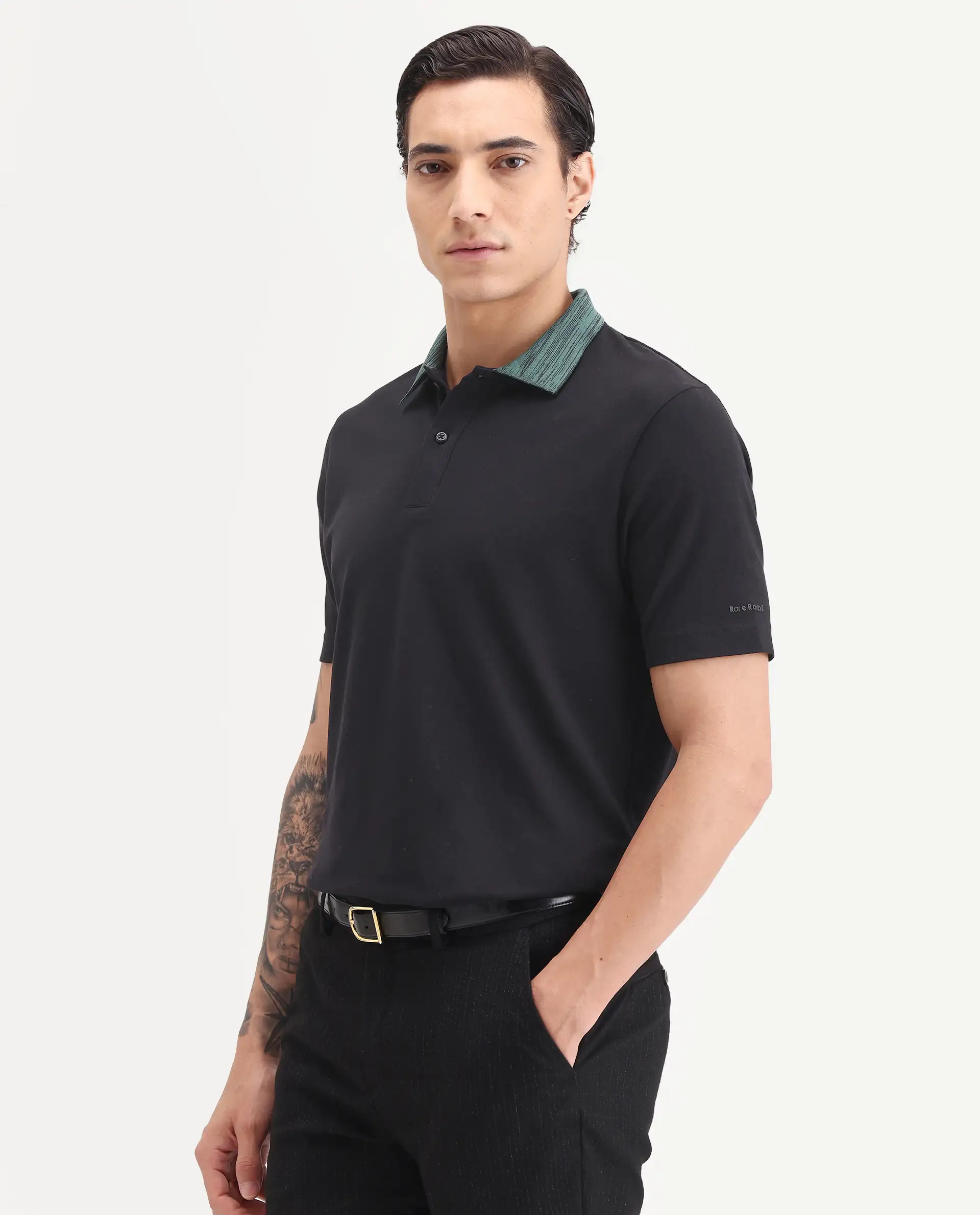 Rare Rabbit Men's Spat Black Cotton Blend Fabric Half Sleeve Spread Collar Regular Fit Plain Polo - Image 5