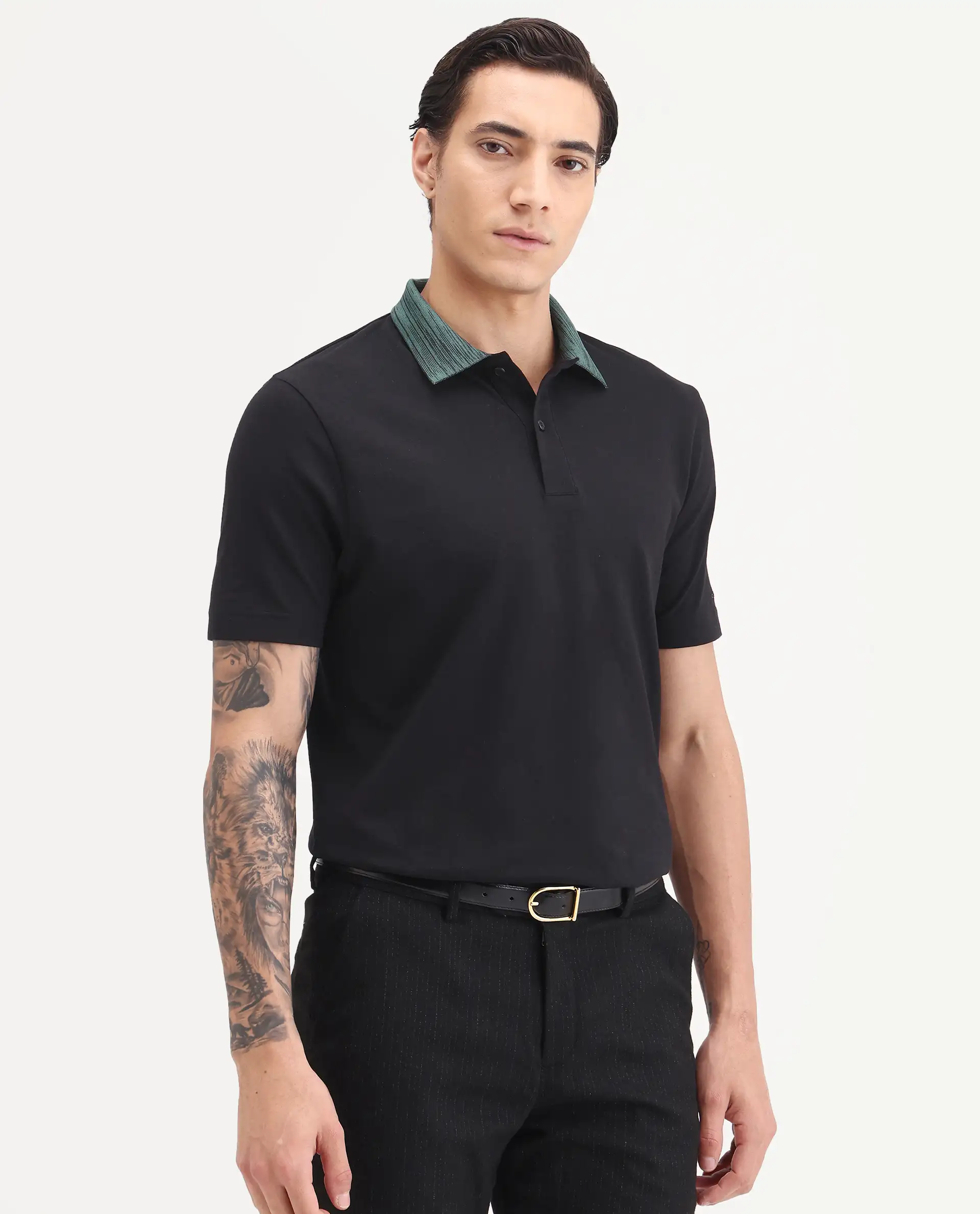 Rare Rabbit Men's Spat Black Cotton Blend Fabric Half Sleeve Spread Collar Regular Fit Plain Polo - Image 6