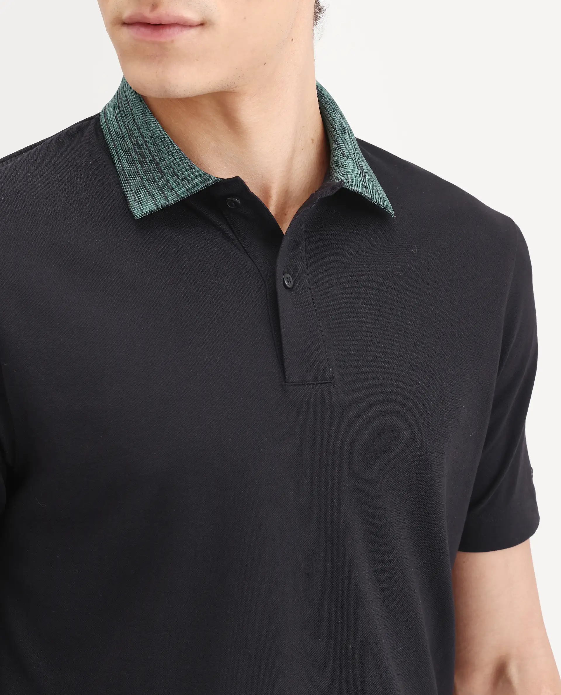 Rare Rabbit Men's Spat Black Cotton Blend Fabric Half Sleeve Spread Collar Regular Fit Plain Polo - Image 7